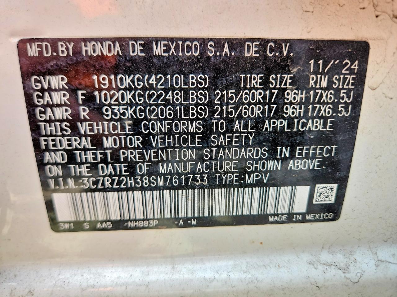 2025 Honda Hr-v Lx White vin: 3CZRZ2H38SM761733