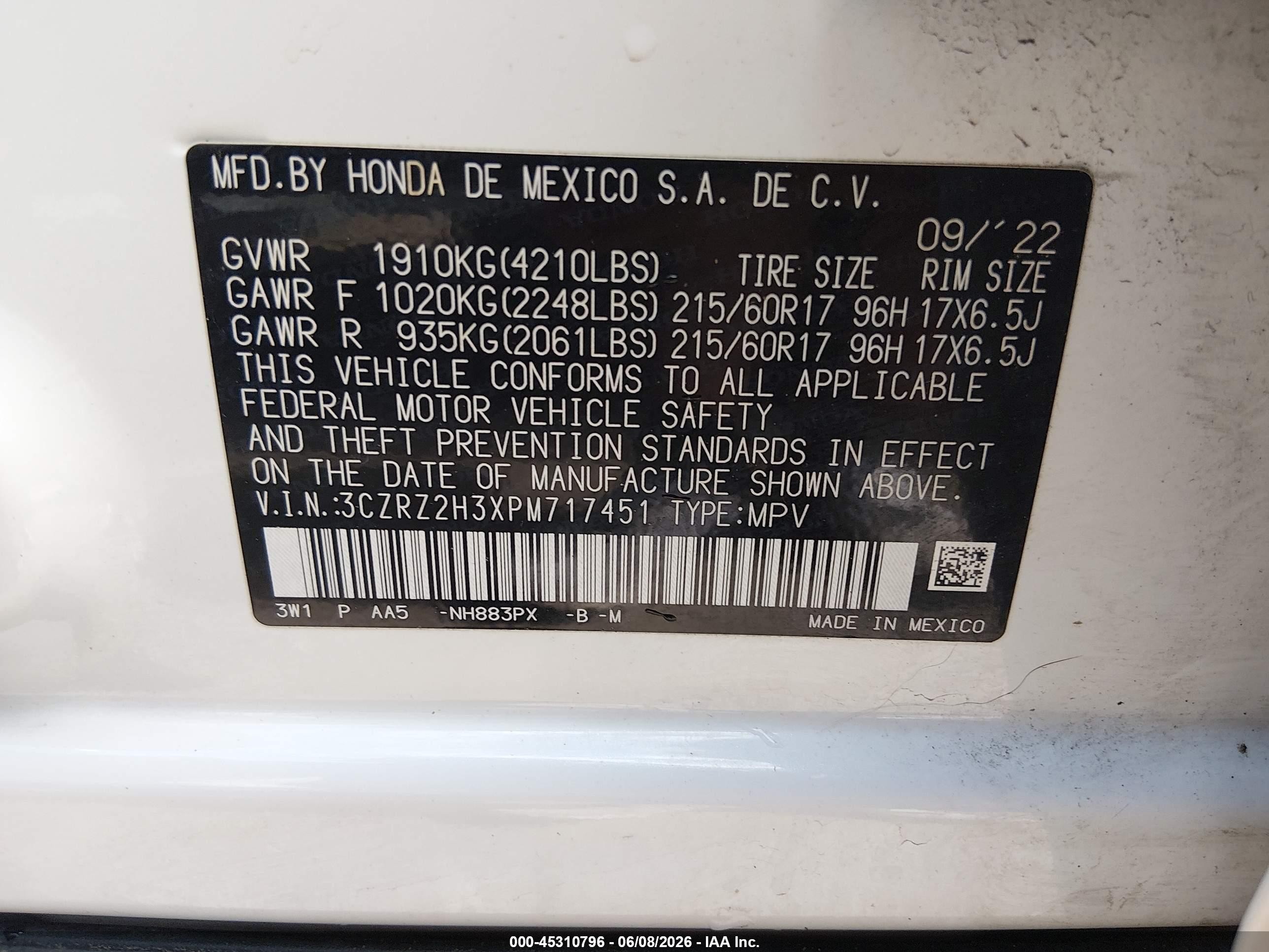 2023 Honda Hr-v Awd Lx White vin: 3CZRZ2H3XPM717451