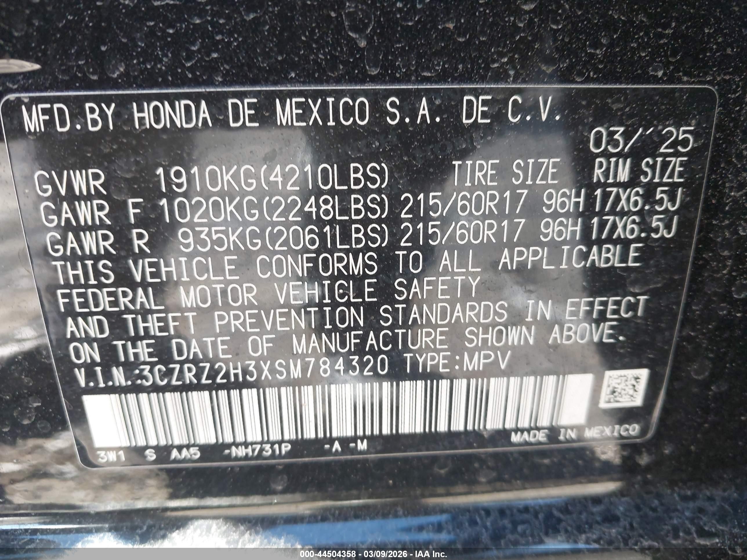 2025 Honda Hr-v Awd Lx Black vin: 3CZRZ2H3XSM784320