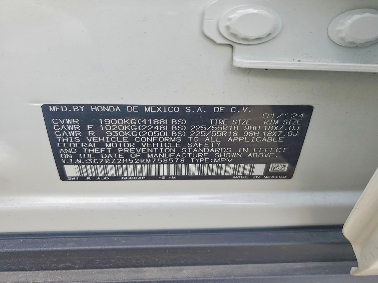 2024 Honda Hr-v Sport White vin: 3CZRZ2H52RM758578