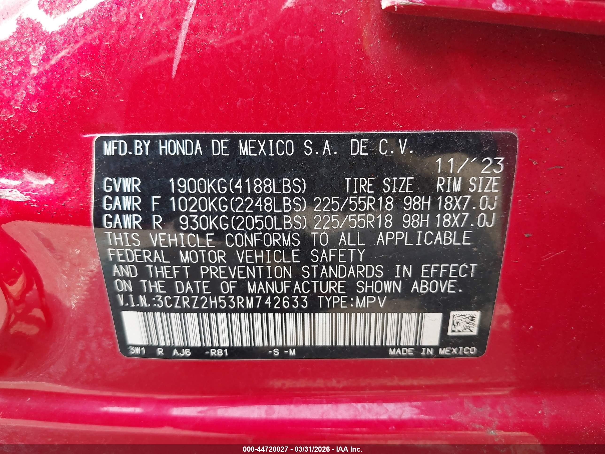 2024 Honda Hr-v Awd Sport/awd Sport W/o Bsi Red vin: 3CZRZ2H53RM742633
