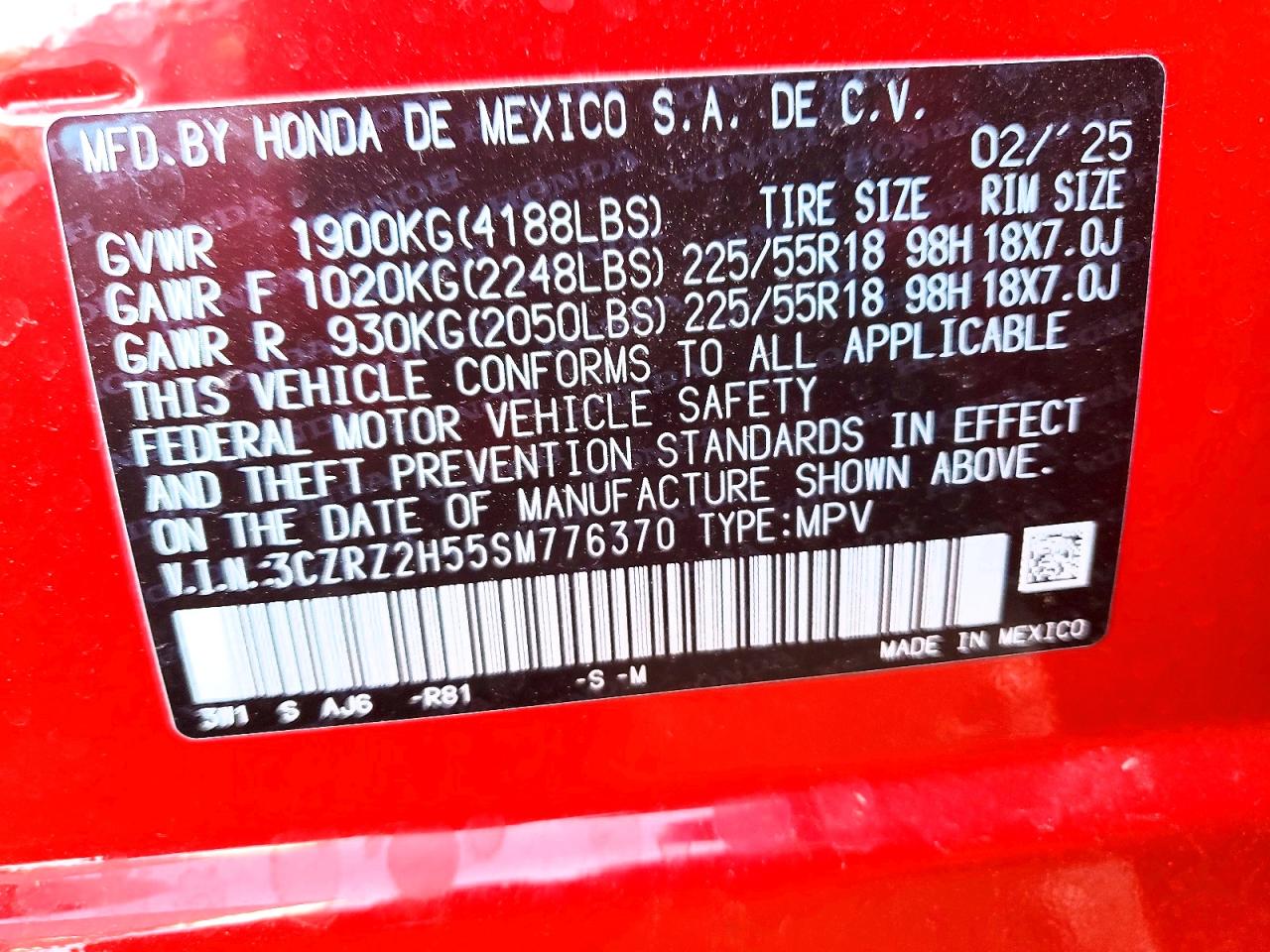 2025 Honda Hr-v Sport Red vin: 3CZRZ2H55SM776370
