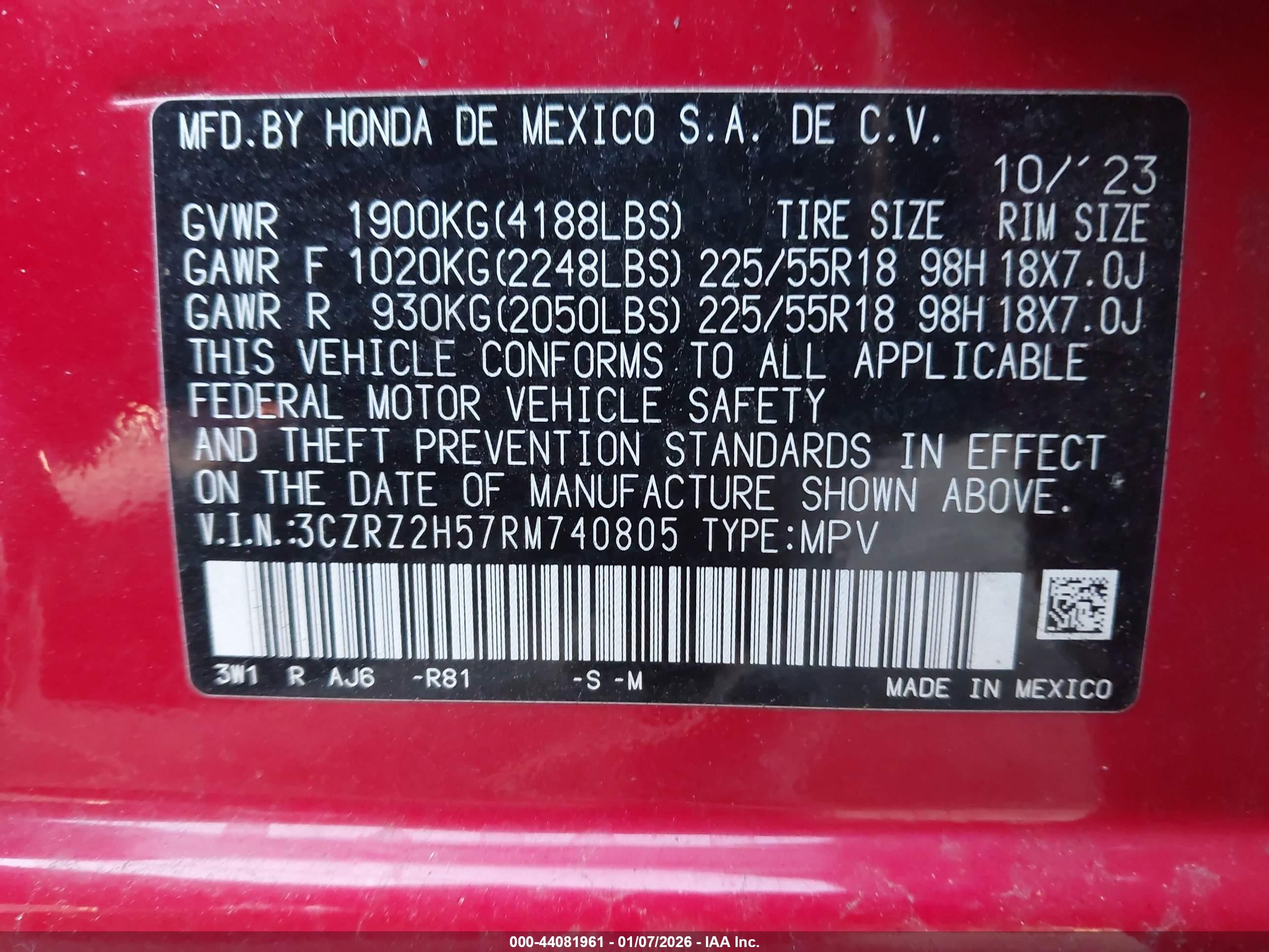 2024 Honda Hr-v Awd Sport/awd Sport W/o Bsi Red vin: 3CZRZ2H57RM740805