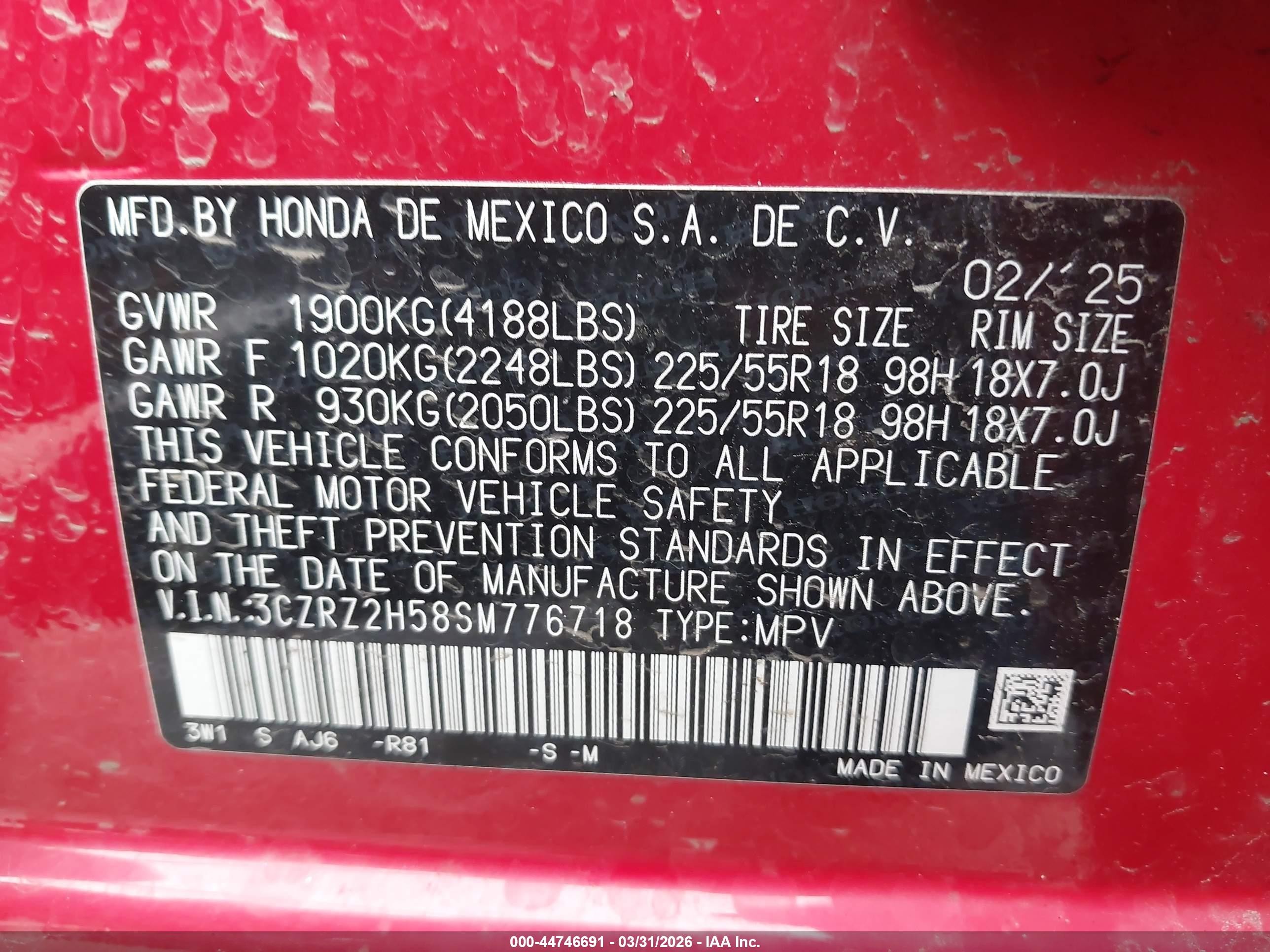 2025 Honda Hr-v Awd Sport Red vin: 3CZRZ2H58SM776718