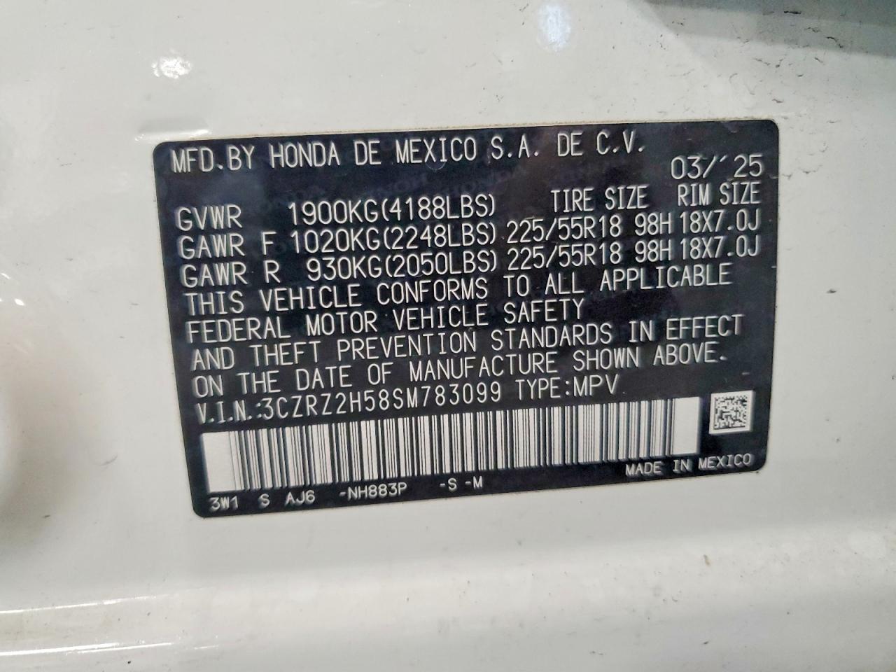 2025 Honda Hr-v Sport White vin: 3CZRZ2H58SM783099