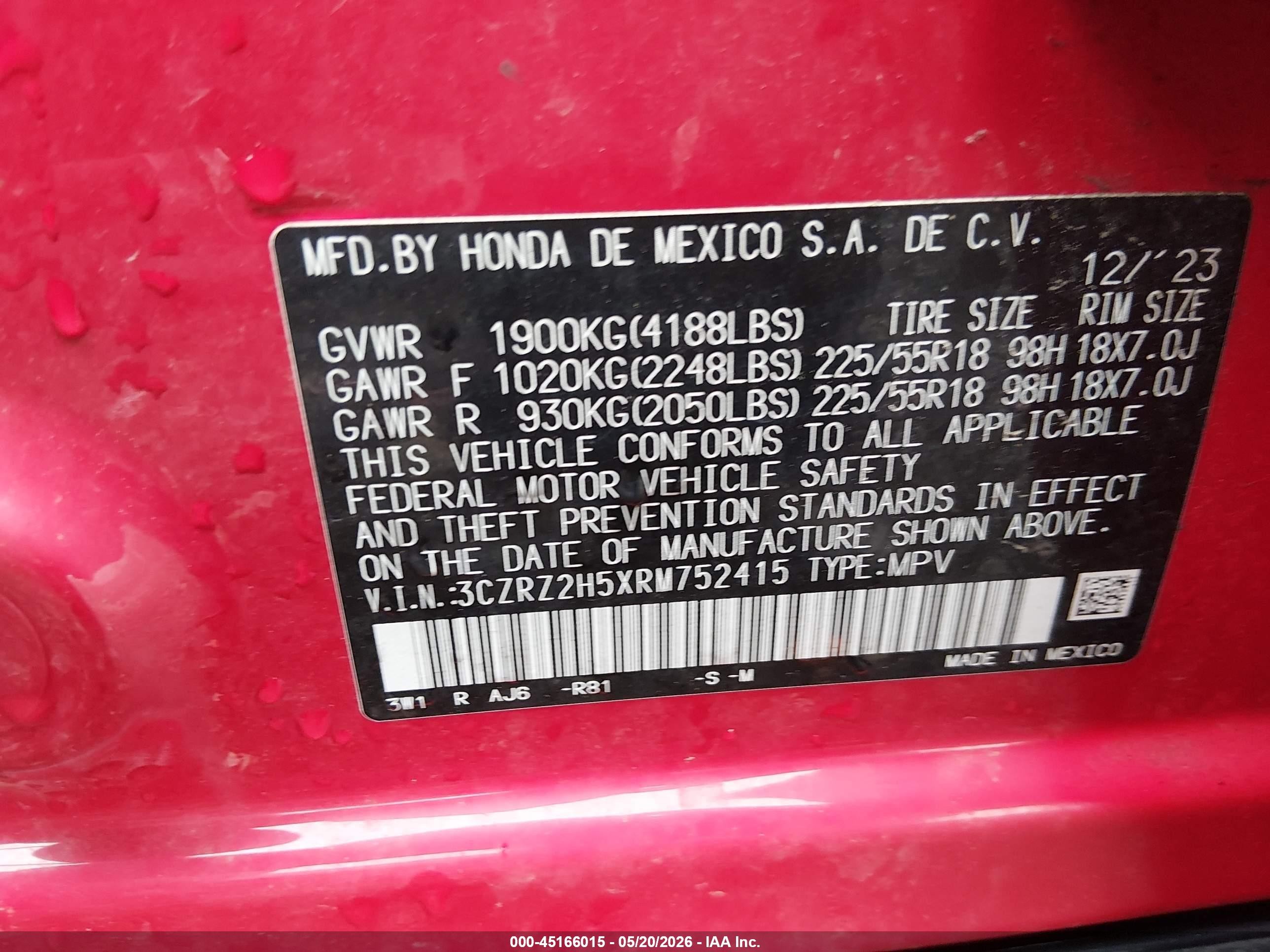 2024 Honda Hr-v Awd Sport/awd Sport W/o Bsi Red vin: 3CZRZ2H5XRM752415