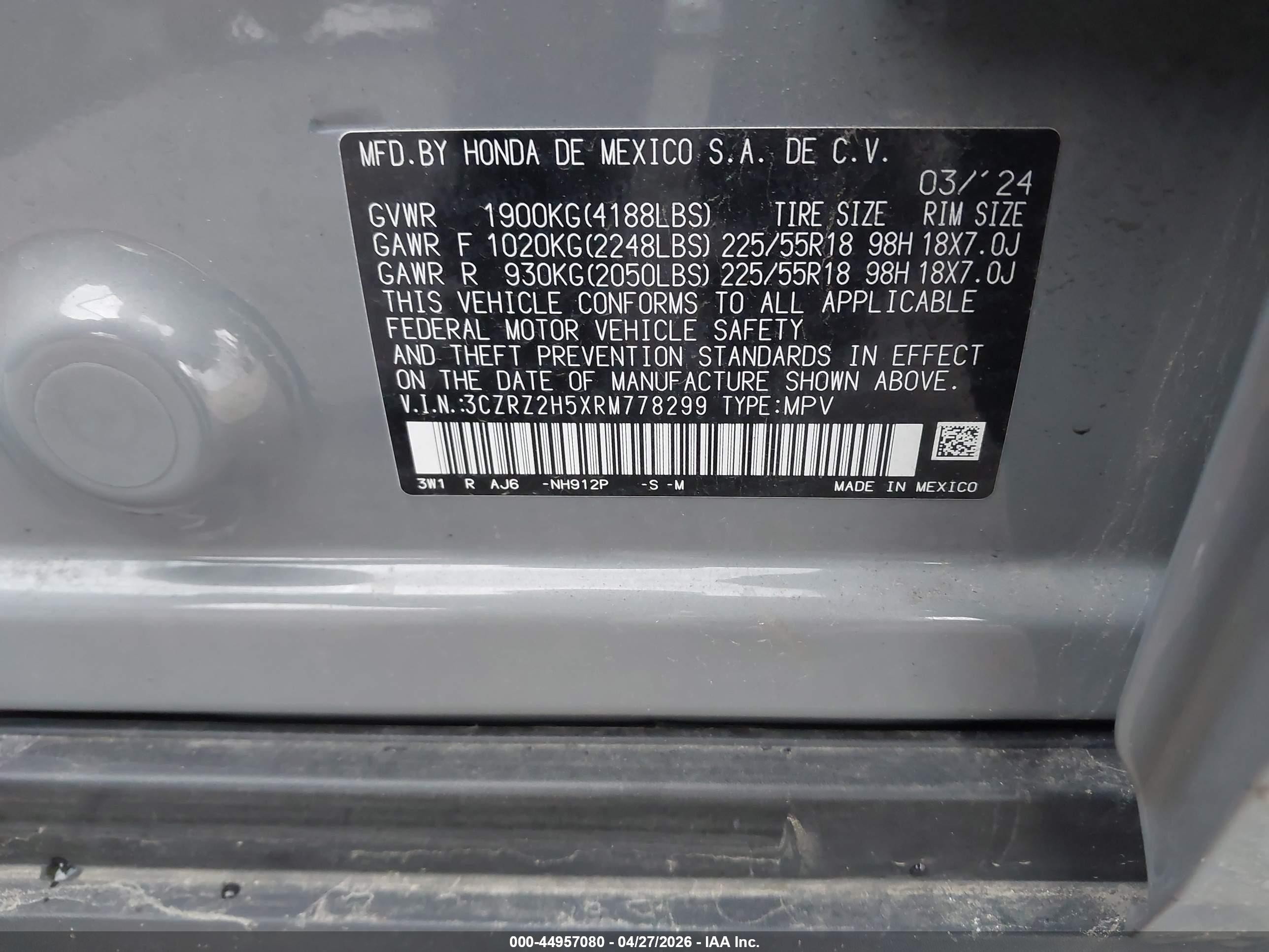 2024 Honda Hr-v Awd Sport/awd Sport W/o Bsi Серый vin: 3CZRZ2H5XRM778299