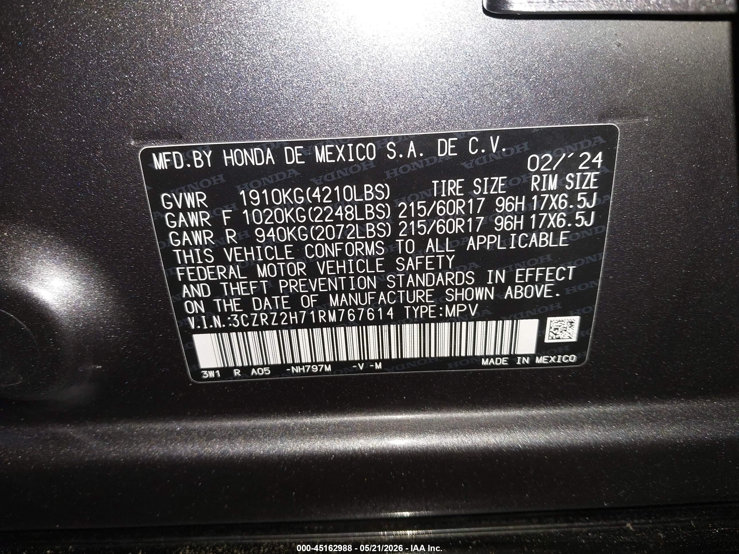 2024 Honda Hr-v Awd Ex-l/awd Ex-l W/o Bsi Серый vin: 3CZRZ2H71RM767614