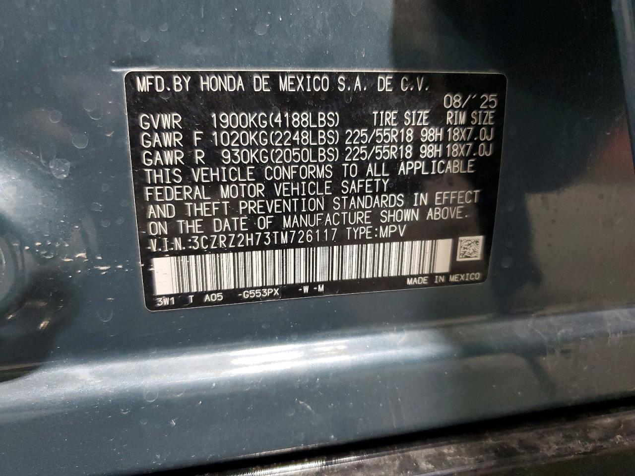 2026 Honda Hr-v Exl Teal vin: 3CZRZ2H73TM726117
