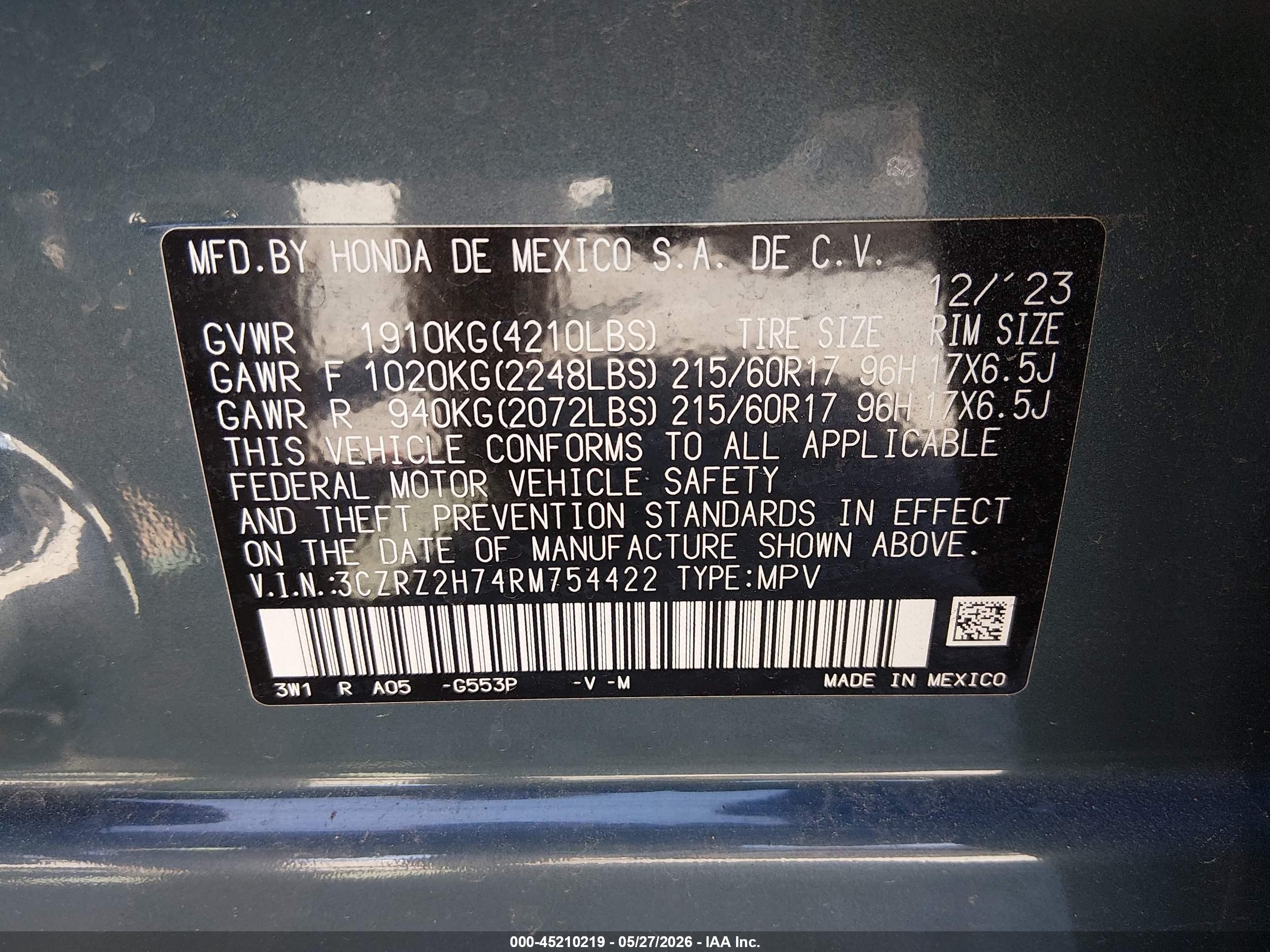 2024 Honda Hr-v Awd Ex-l/awd Ex-l W/o Bsi Gray vin: 3CZRZ2H74RM754422
