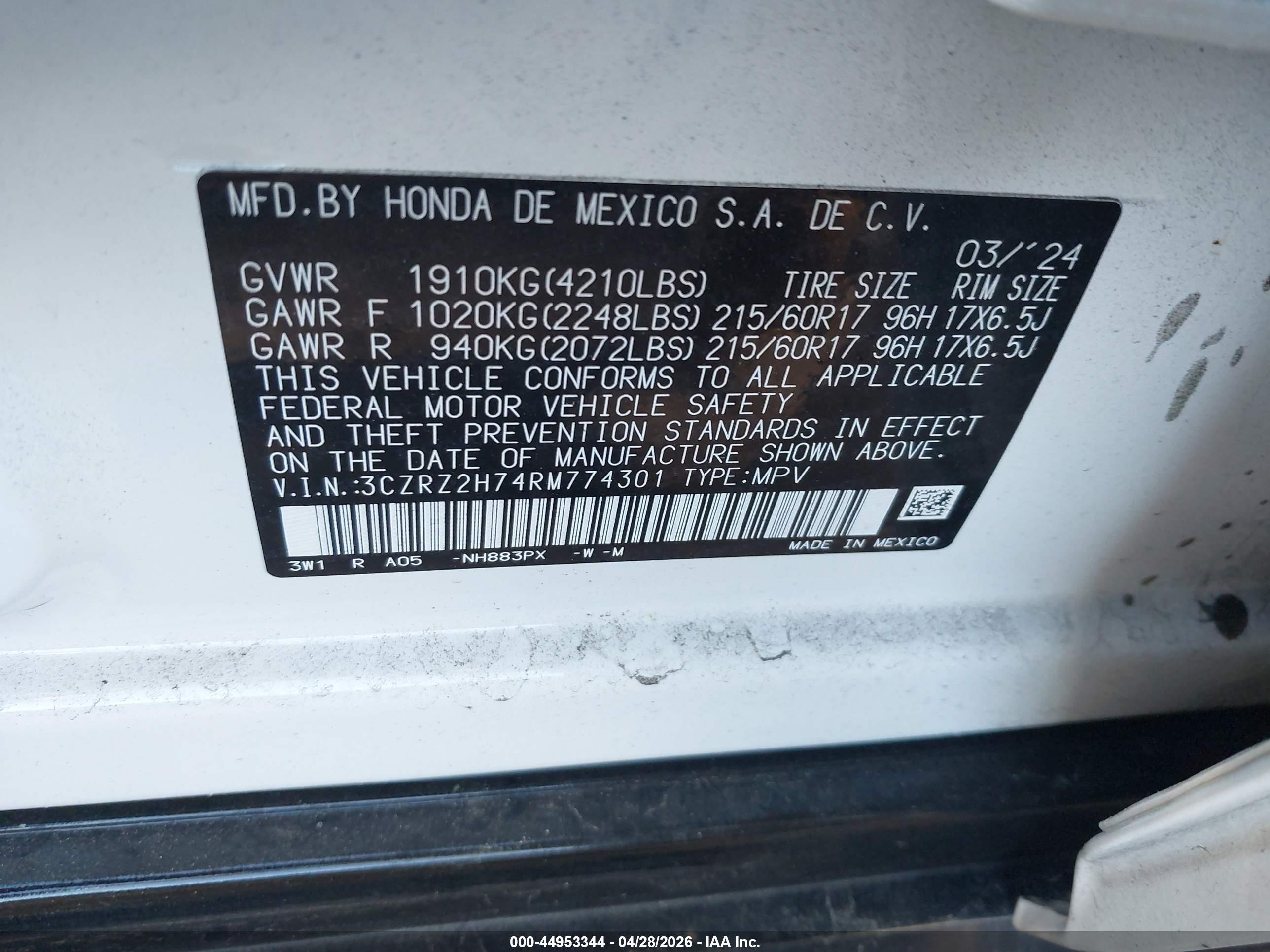 2024 Honda Hr-v Awd Ex-l/awd Ex-l W/o Bsi White vin: 3CZRZ2H74RM774301