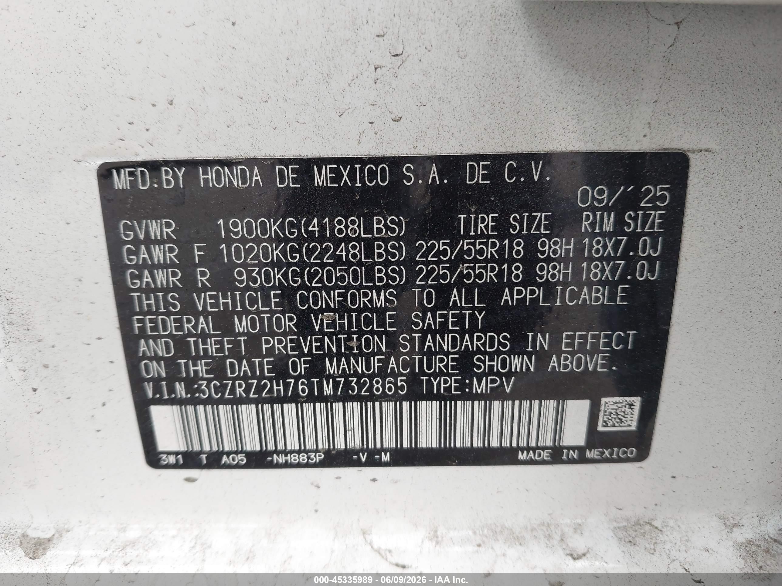 2026 Honda Hr-v Awd Ex-l White vin: 3CZRZ2H76TM732865