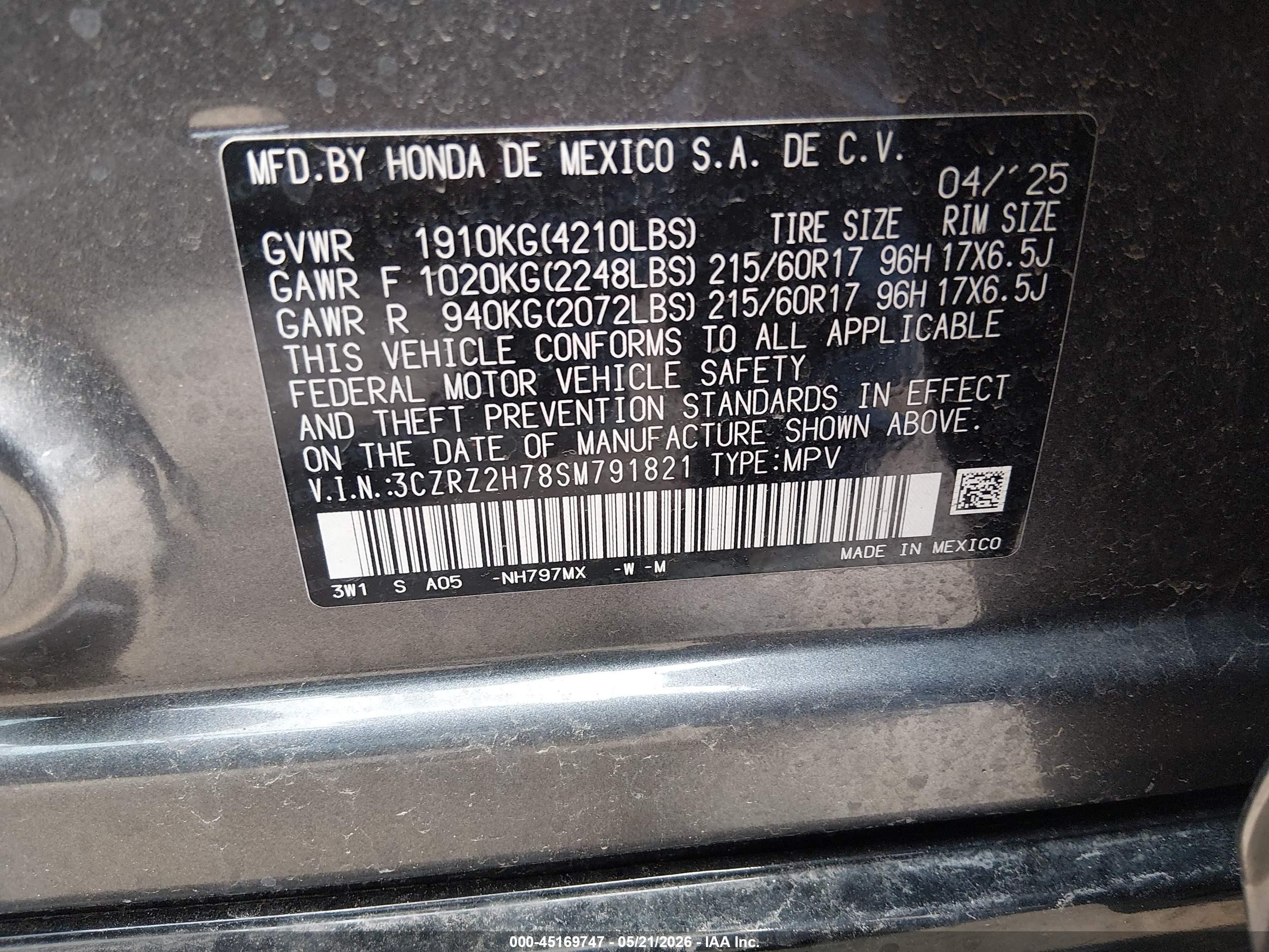 2025 Honda Hr-v Awd Ex-l Gray vin: 3CZRZ2H78SM791821