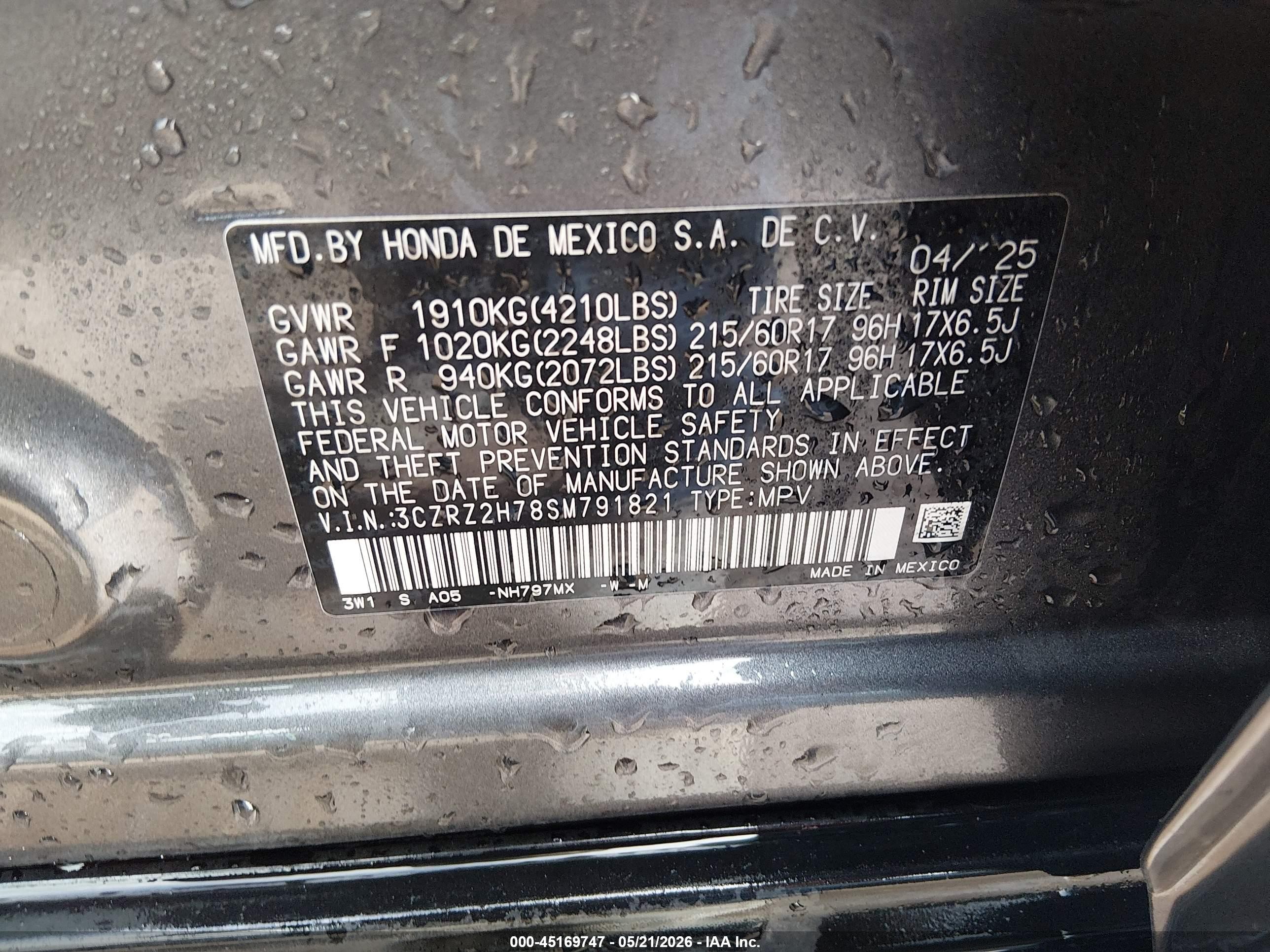 2025 Honda Hr-v Awd Ex-l Gray vin: 3CZRZ2H78SM791821