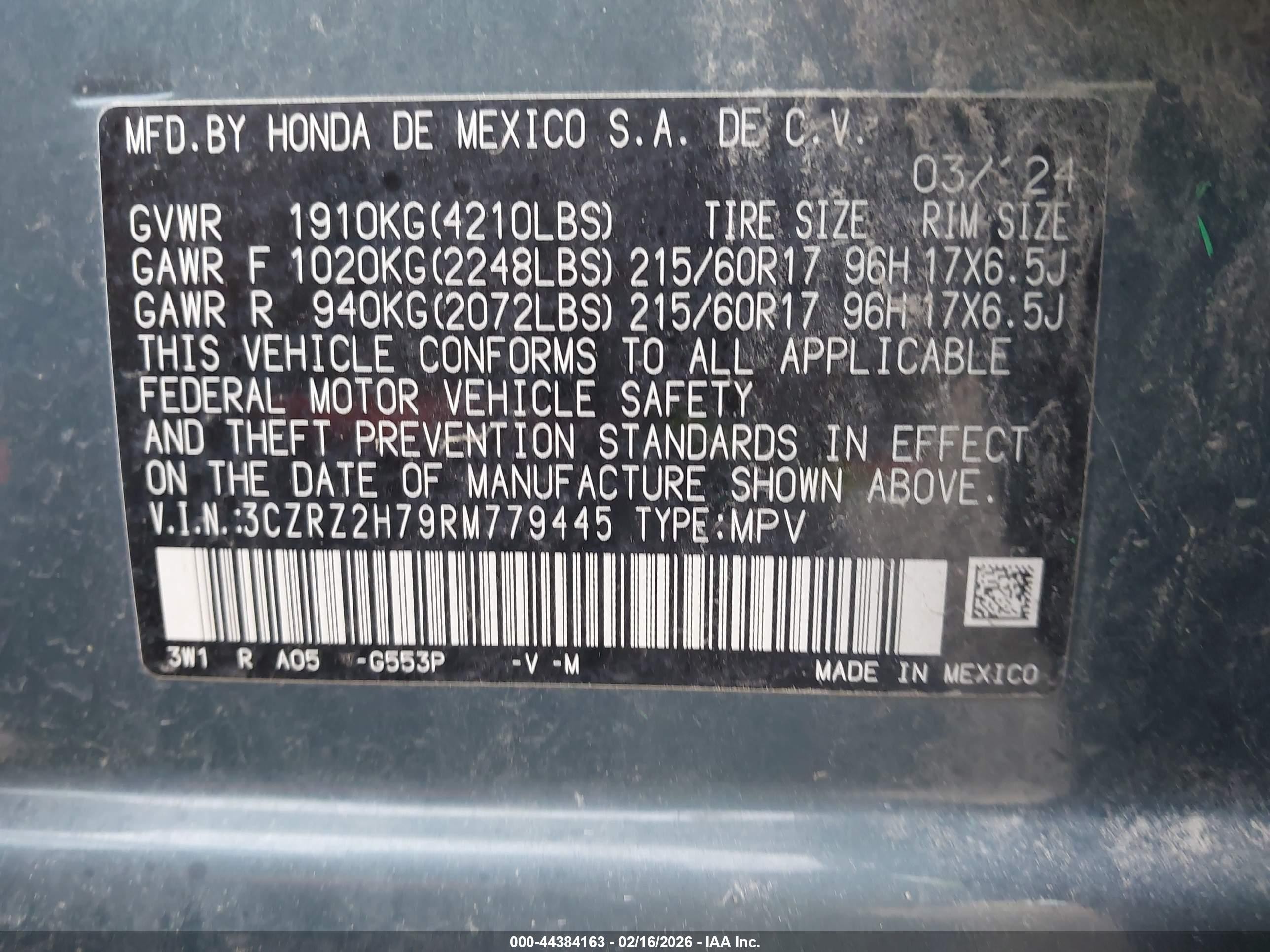 2024 Honda Hr-v Awd Ex-l/awd Ex-l W/o Bsi Blue vin: 3CZRZ2H79RM779445