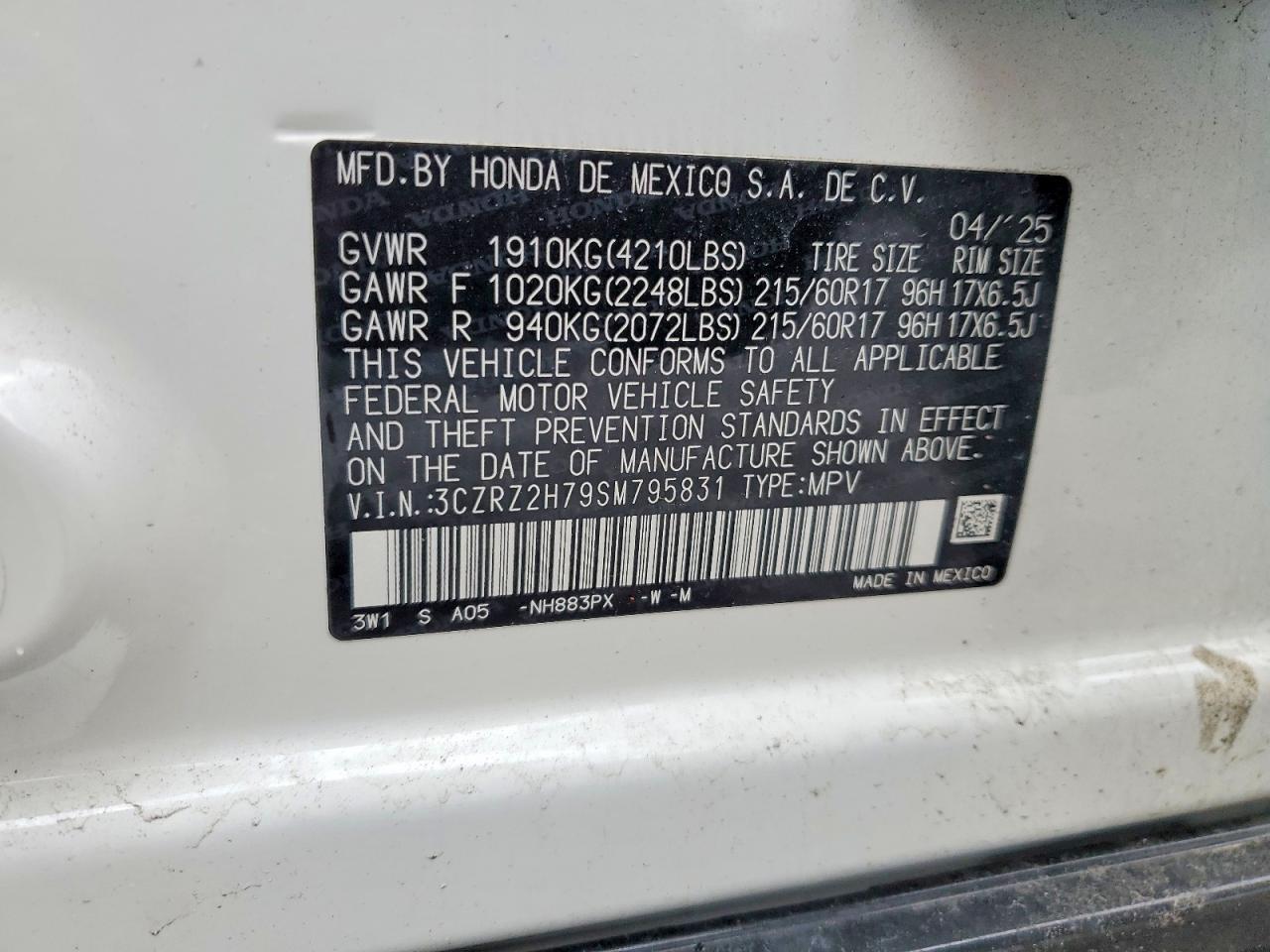 2025 Honda Hr-v Exl White vin: 3CZRZ2H79SM795831