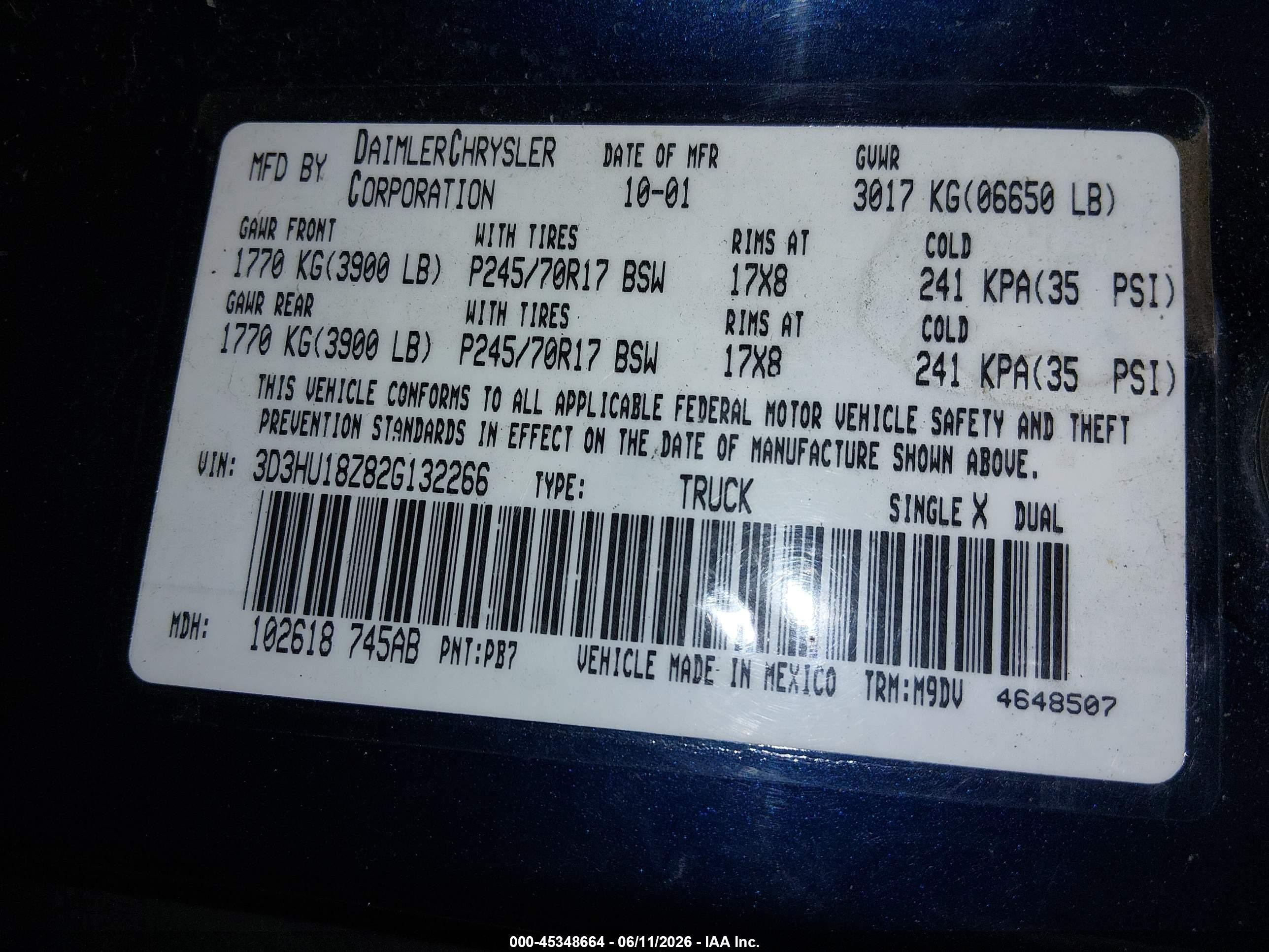 2002 Dodge Ram 1500 St Blue vin: 3D3HU18Z82G132266