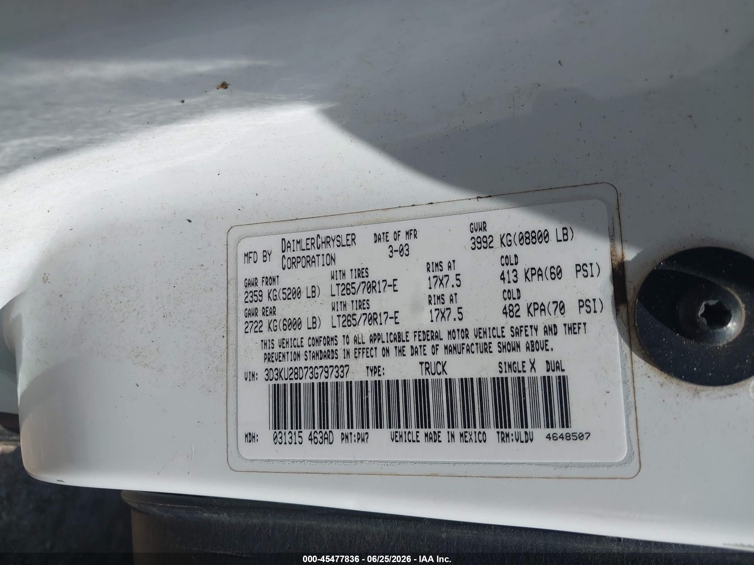 2003 Dodge Ram 2500 Slt/laramie/st White vin: 3D3KU28D73G797337