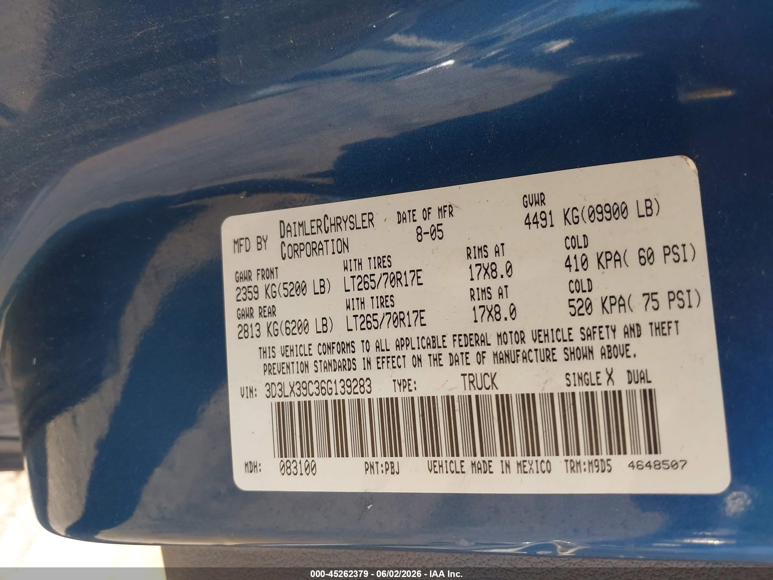 2006 Dodge Ram 3500 Slt Blue vin: 3D3LX39C36G139283