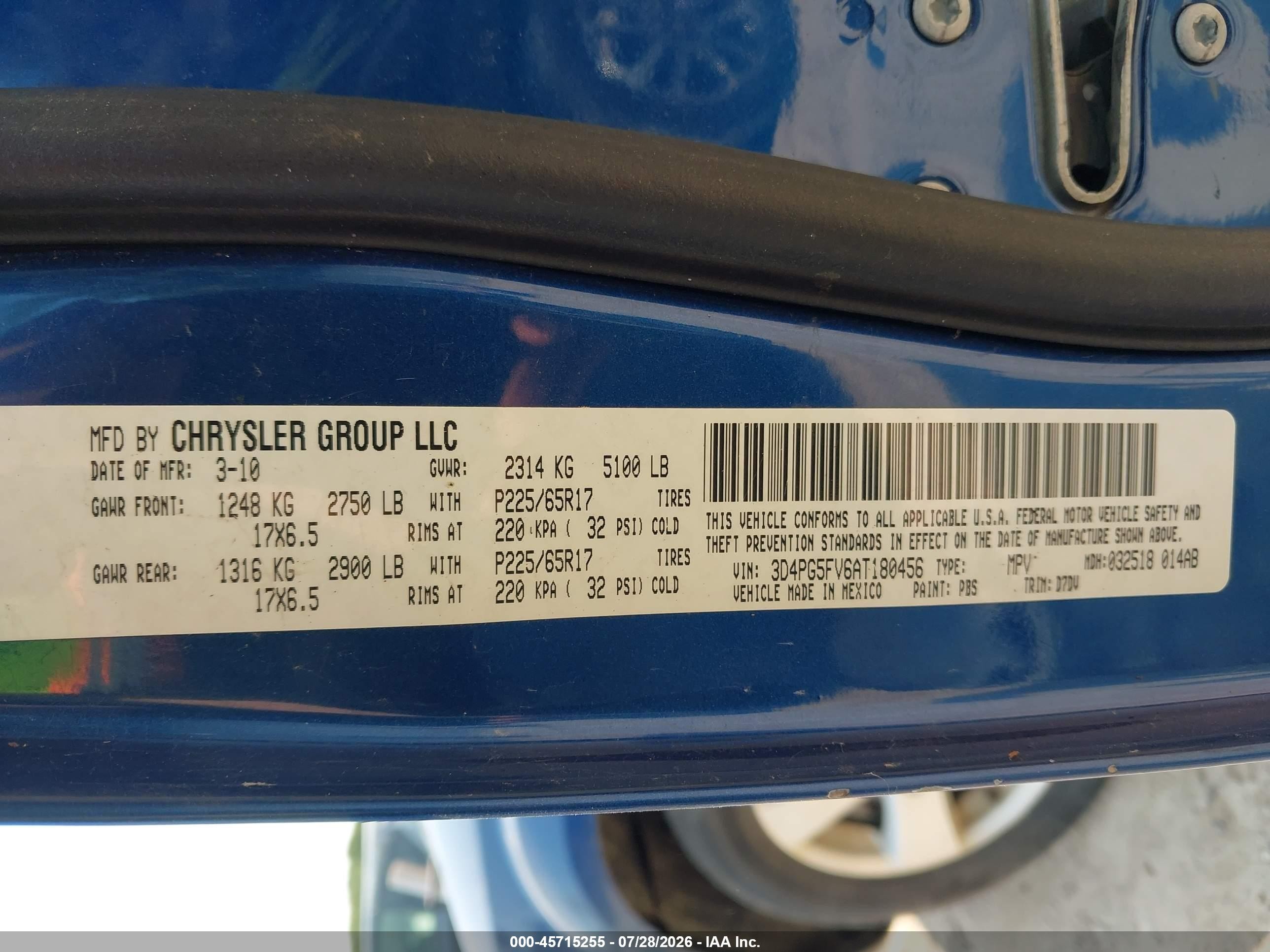 2010 Dodge Journey Sxt Blue vin: 3D4PG5FV6AT180456