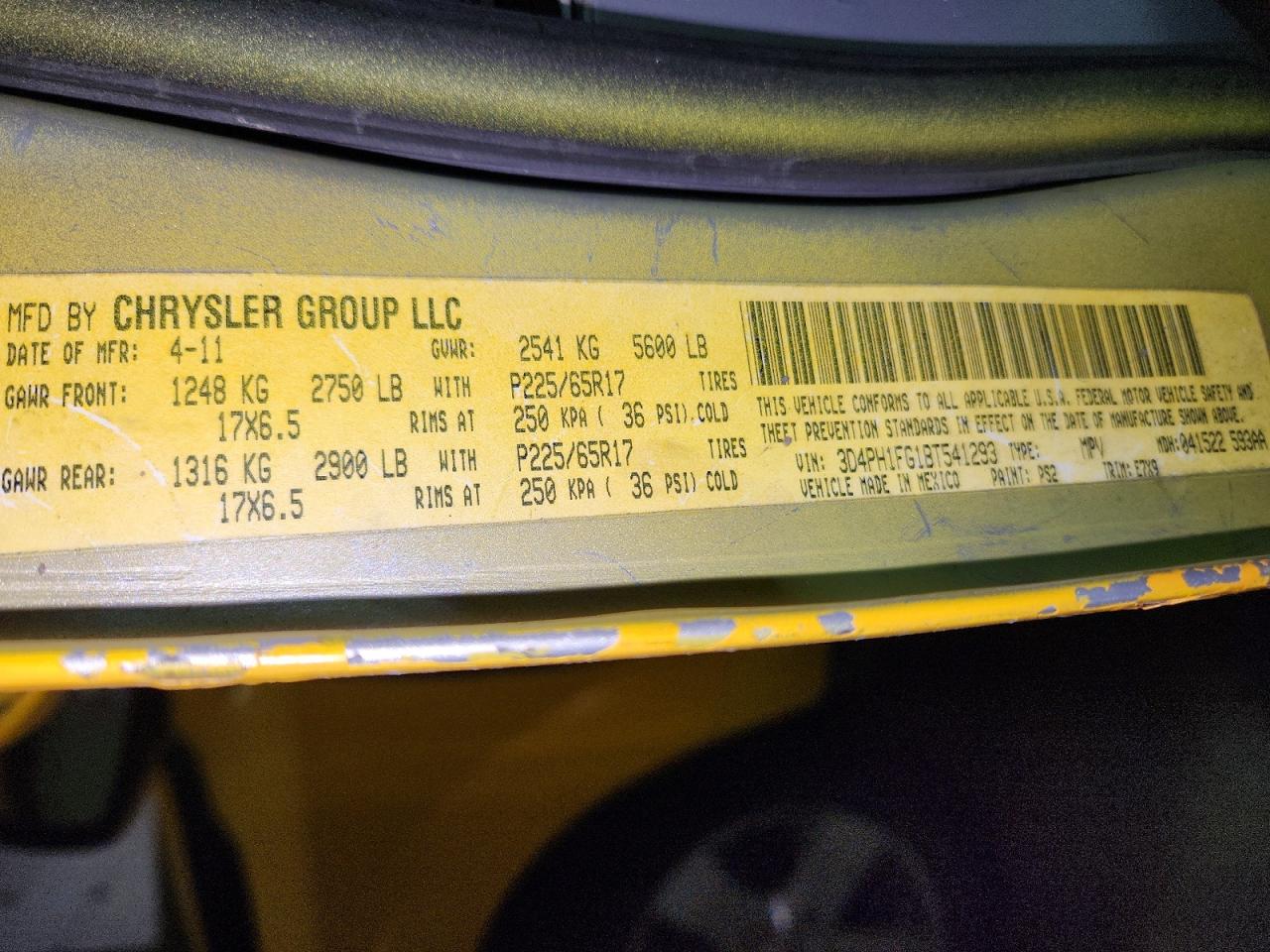 2011 Dodge Journey Mainstreet Yellow vin: 3D4PH1FG1BT541293