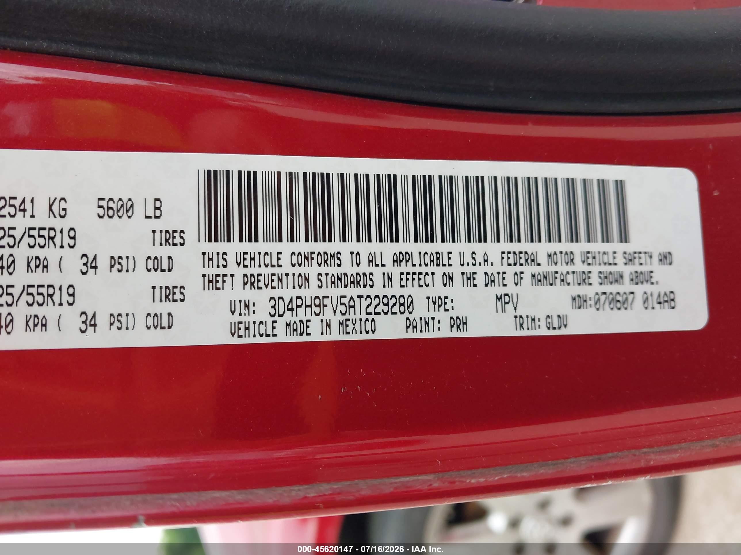 2010 Dodge Journey R/t Red vin: 3D4PH9FV5AT229280