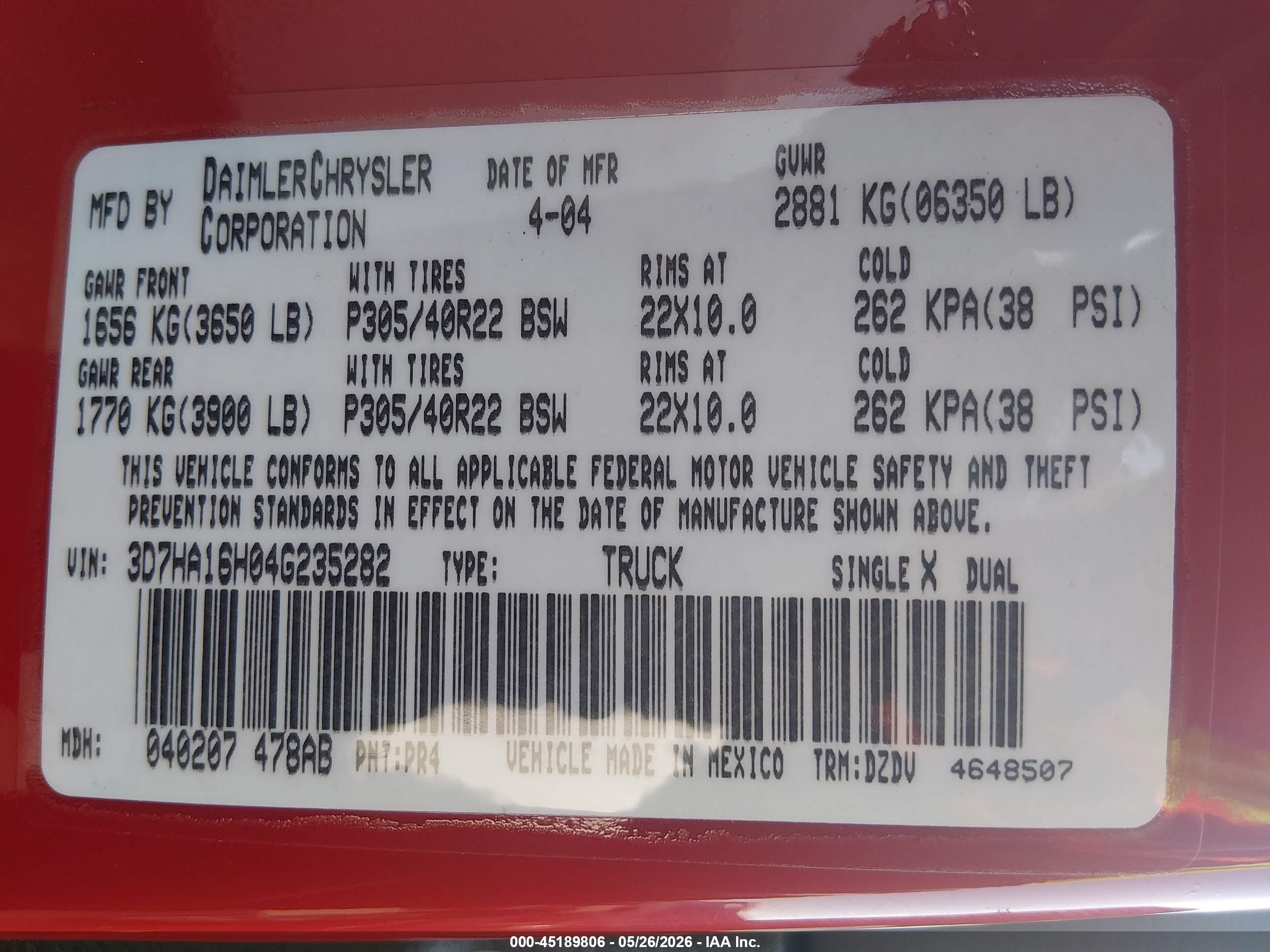 2004 Dodge Ram 1500 Srt-10 Red vin: 3D7HA16H04G235282