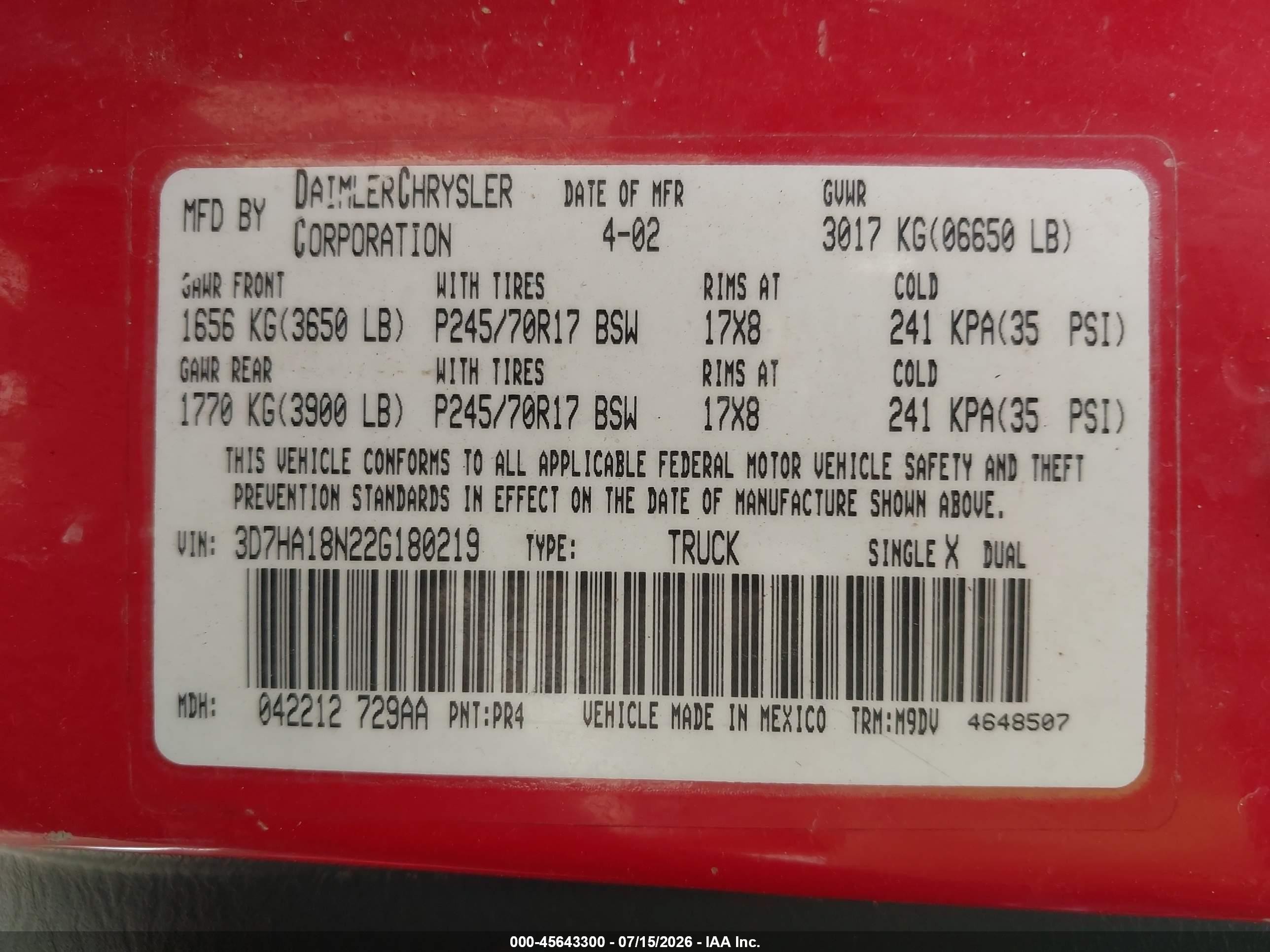 2002 Dodge Ram 1500 St Red vin: 3D7HA18N22G180219