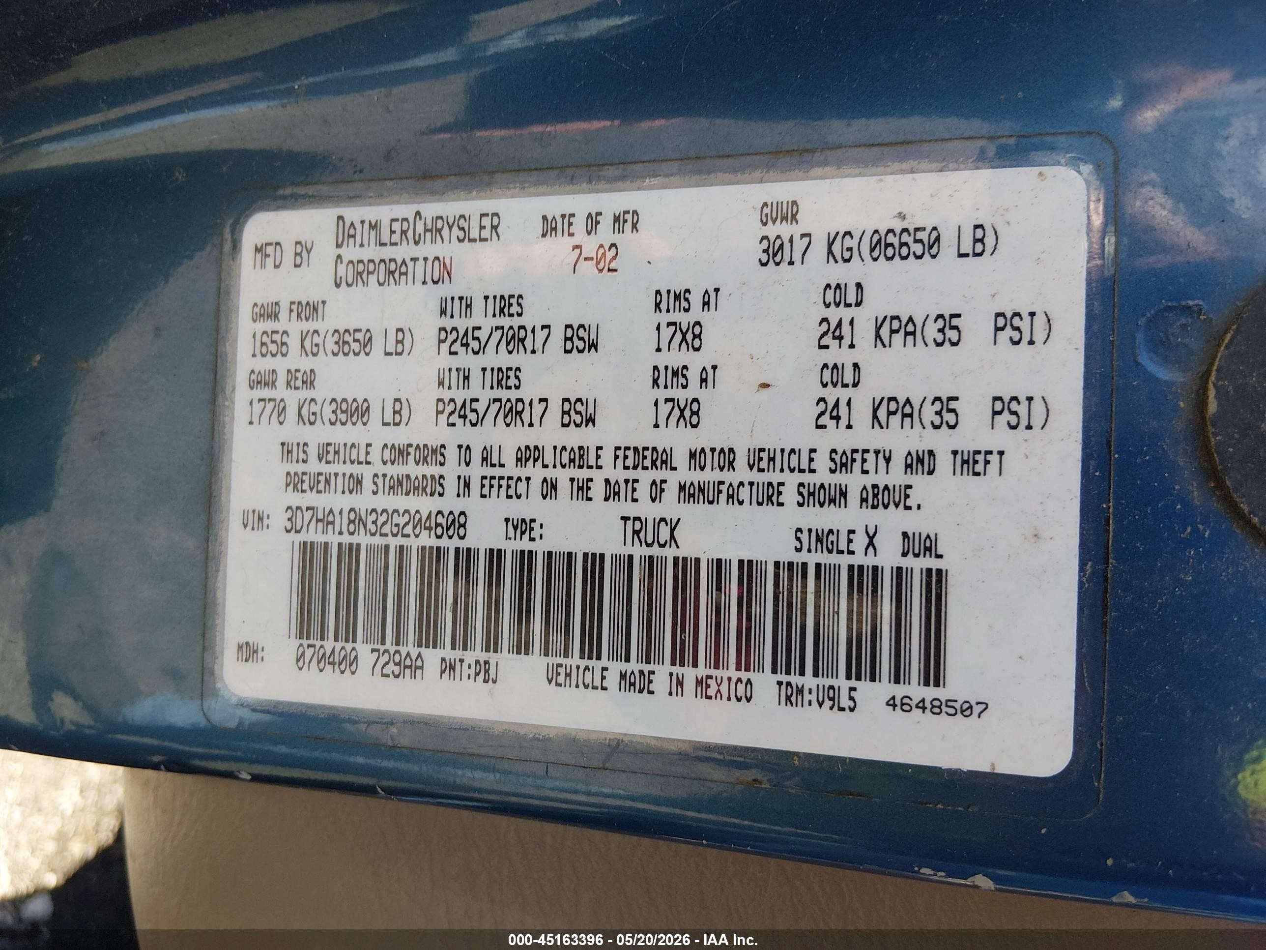 2002 Dodge Ram 1500 St Light Blue vin: 3D7HA18N32G204608