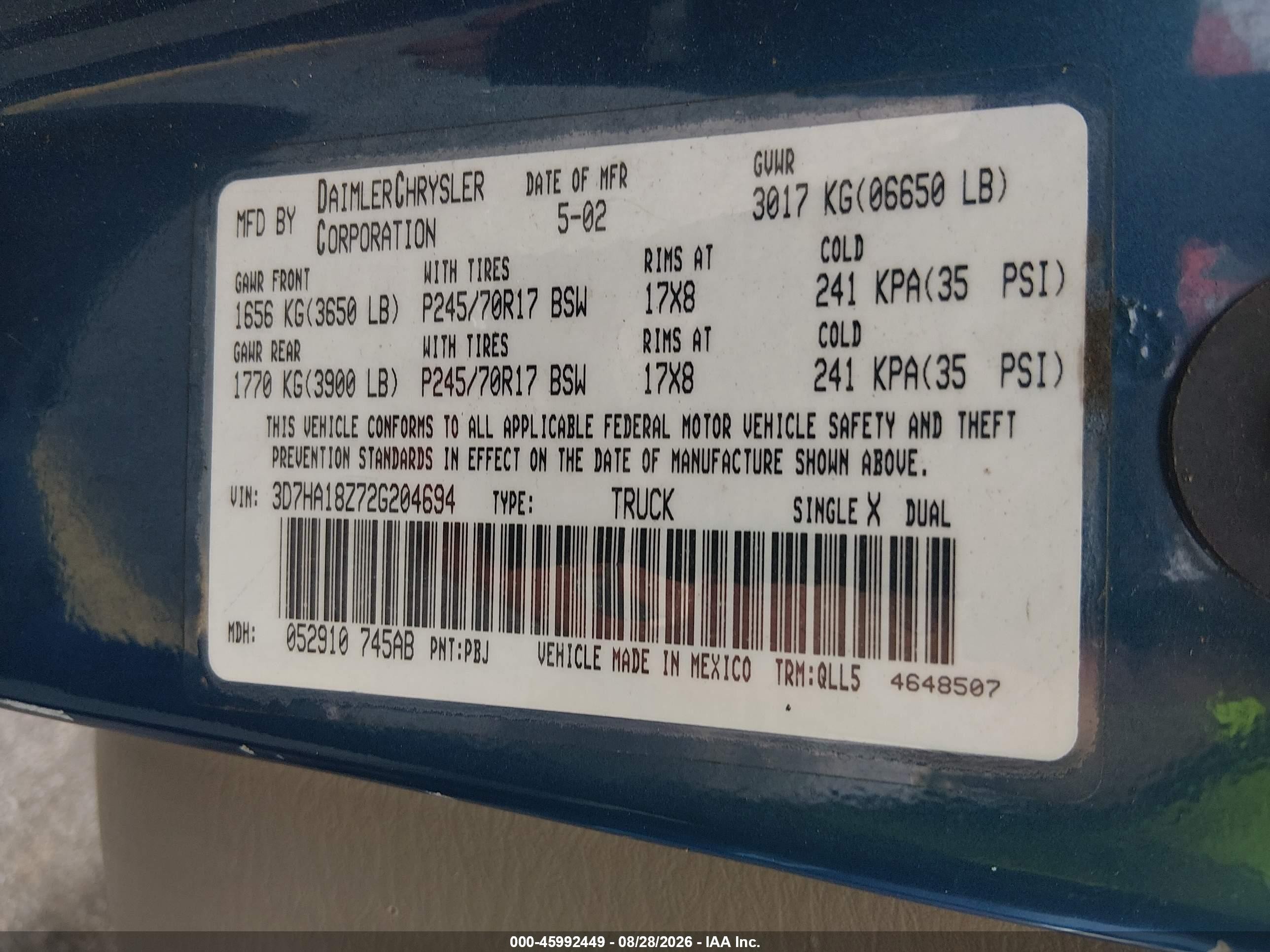 2002 Dodge Ram 1500 St Синий vin: 3D7HA18Z72G204694