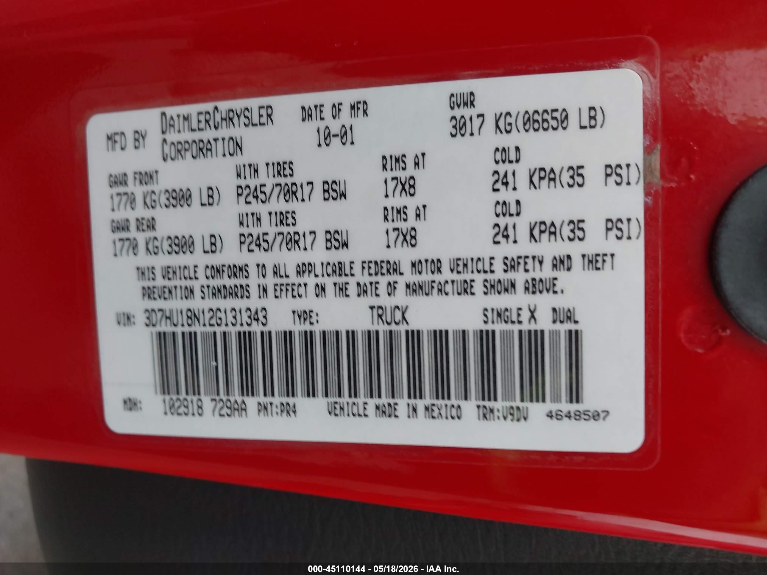 2002 Dodge Ram 1500 St Red vin: 3D7HU18N12G131343