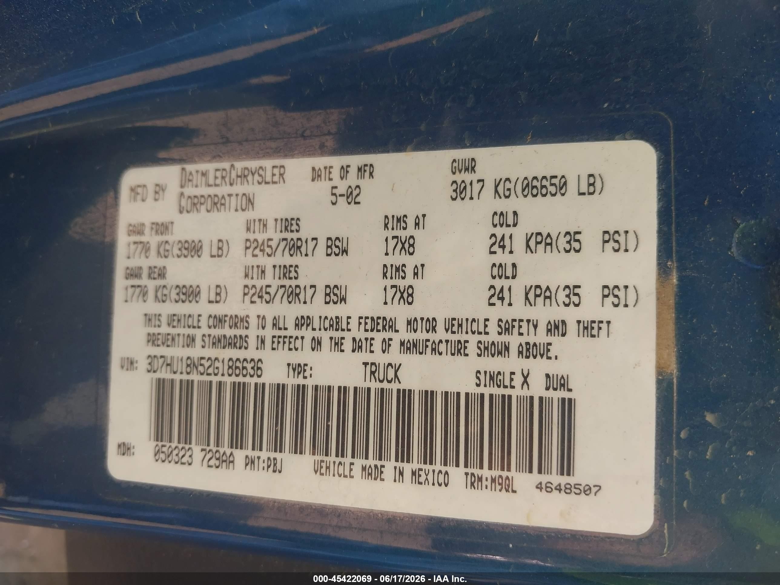 2002 Dodge Ram 1500 St Blue vin: 3D7HU18N52G186636