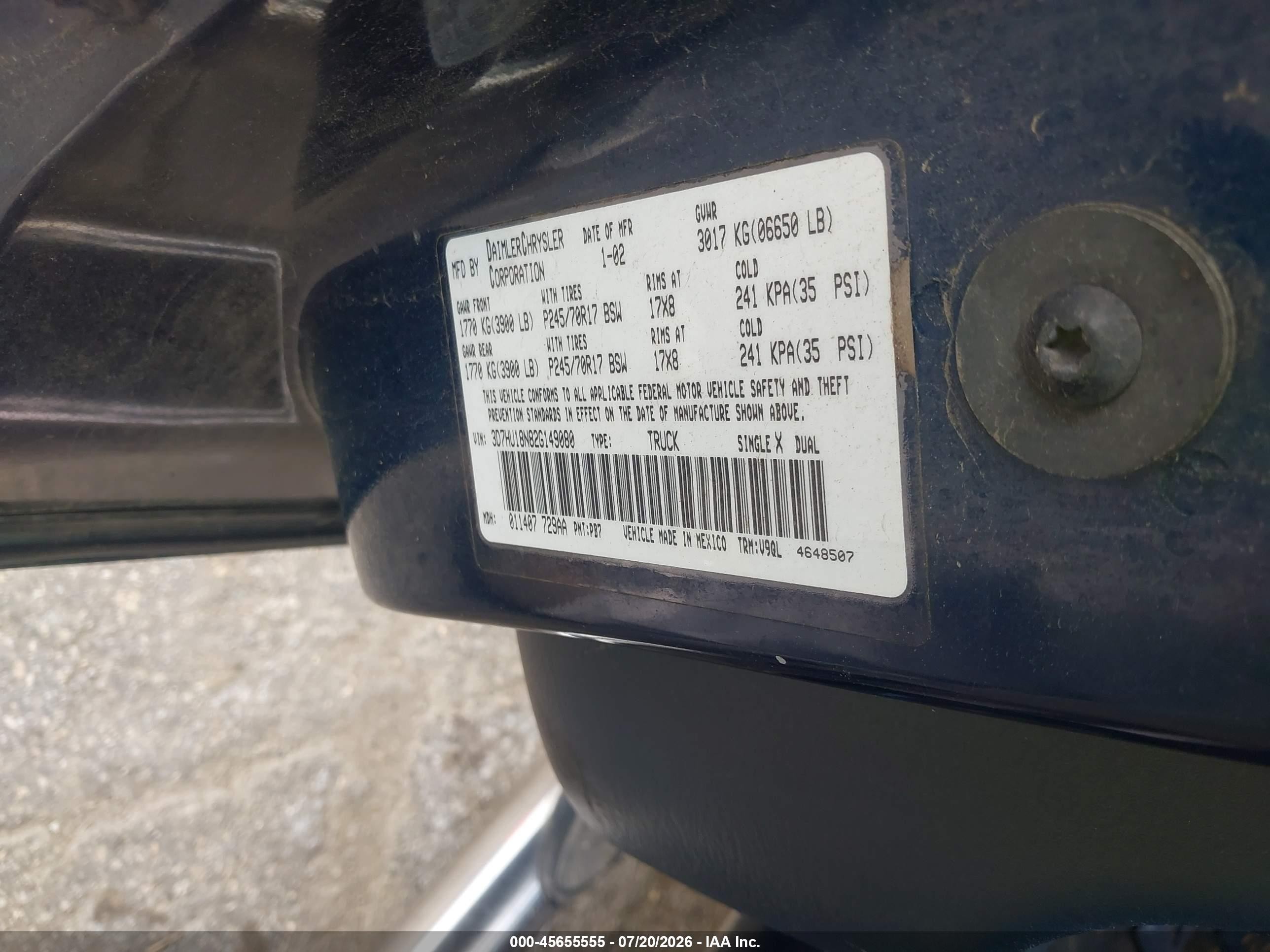 2002 Dodge Ram 1500 St Blue vin: 3D7HU18N82G149080