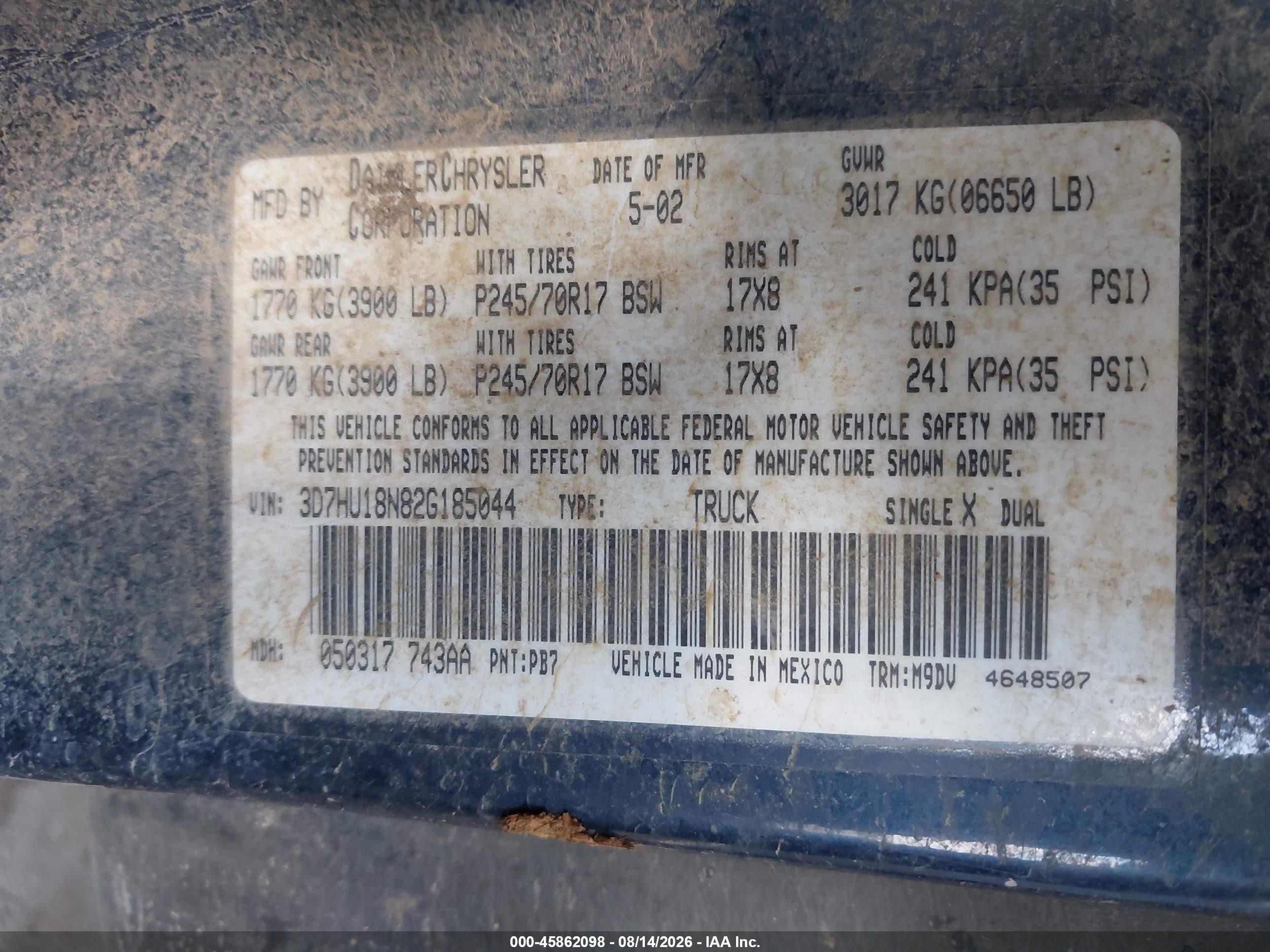 2002 Dodge Ram 1500 St Blue vin: 3D7HU18N82G185044