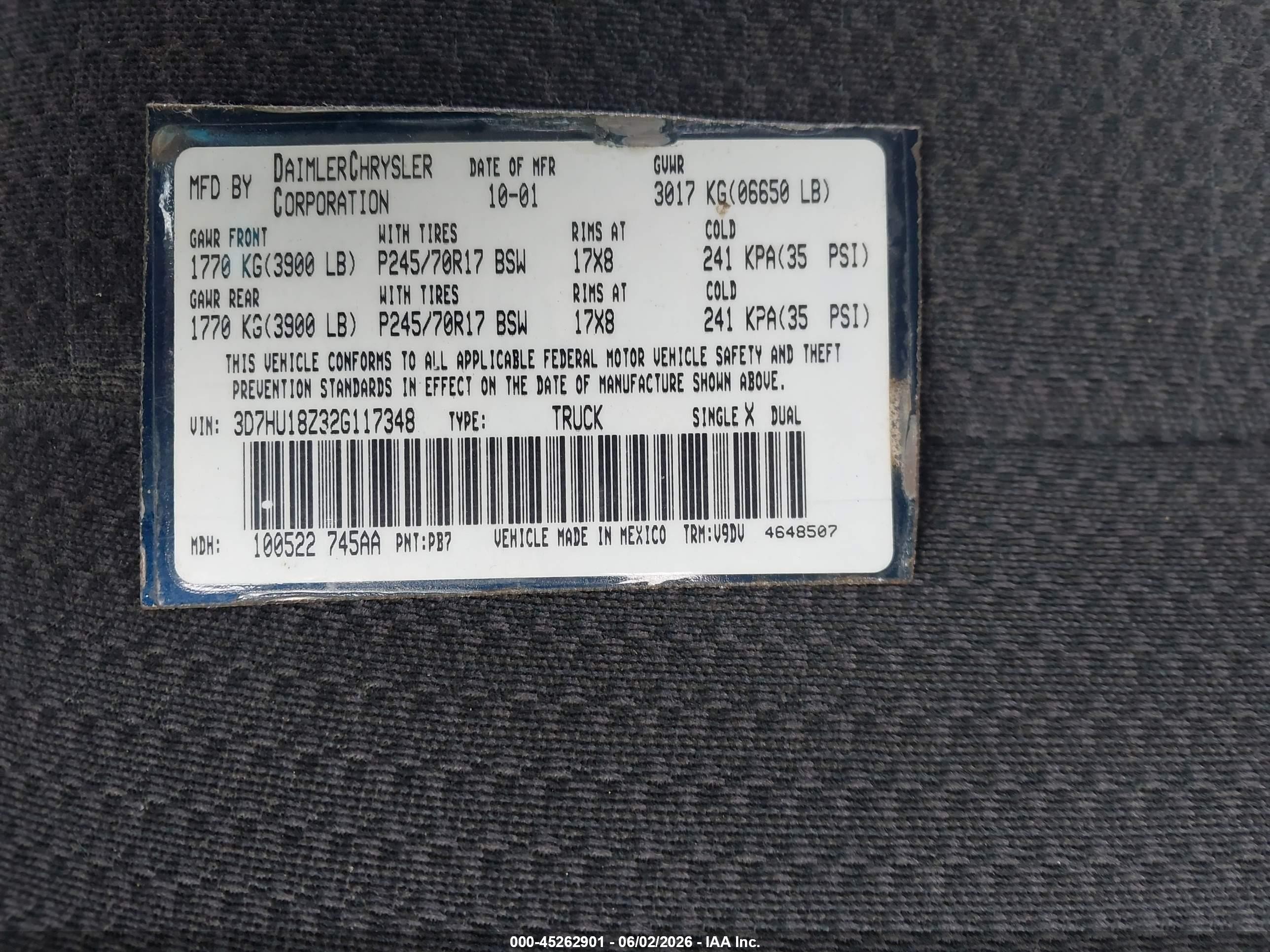 2002 Dodge Ram 1500 St Blue vin: 3D7HU18Z32G117348