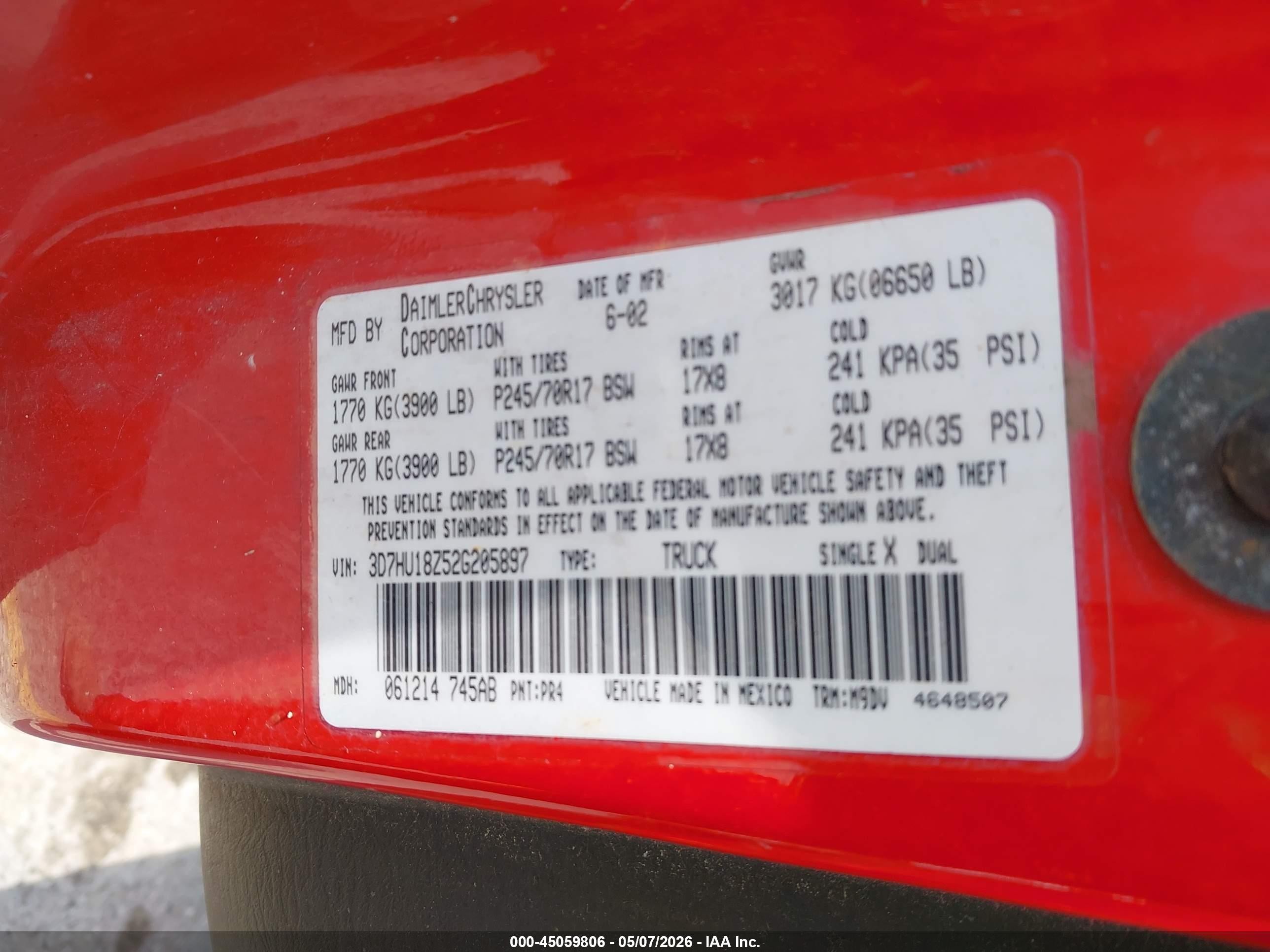 2002 Dodge Ram 1500 St Red vin: 3D7HU18Z52G205897