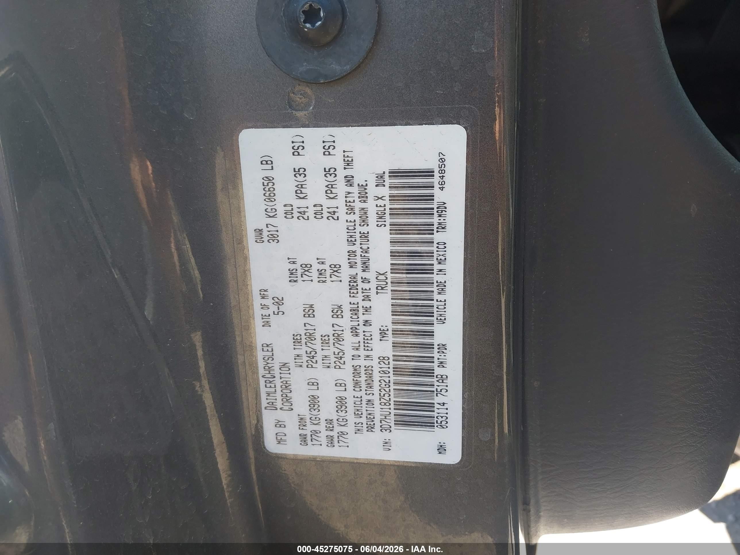2002 Dodge Ram 1500 St Gray vin: 3D7HU18Z52G210128