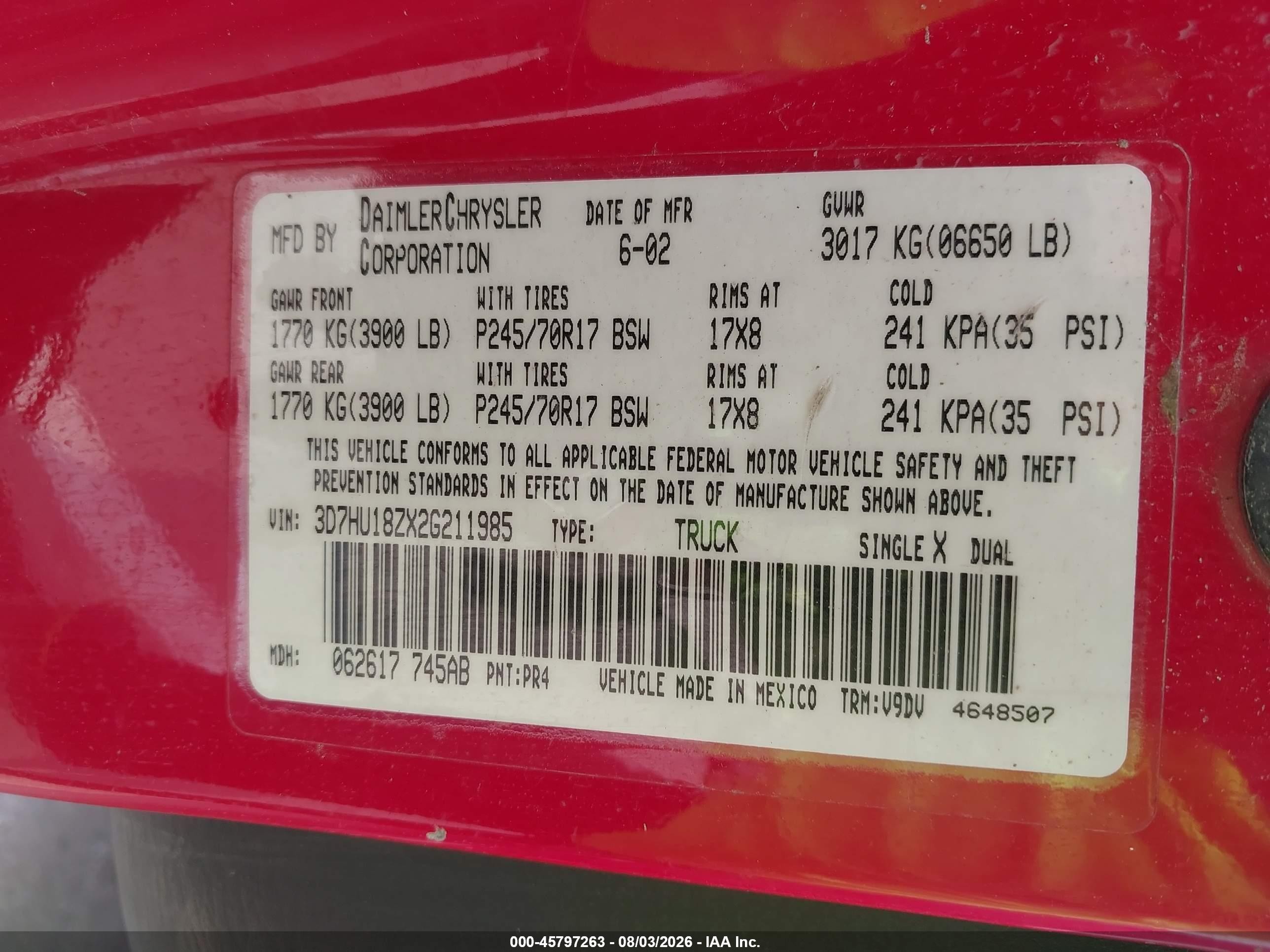 2002 Dodge Ram 1500 St Red vin: 3D7HU18ZX2G211985