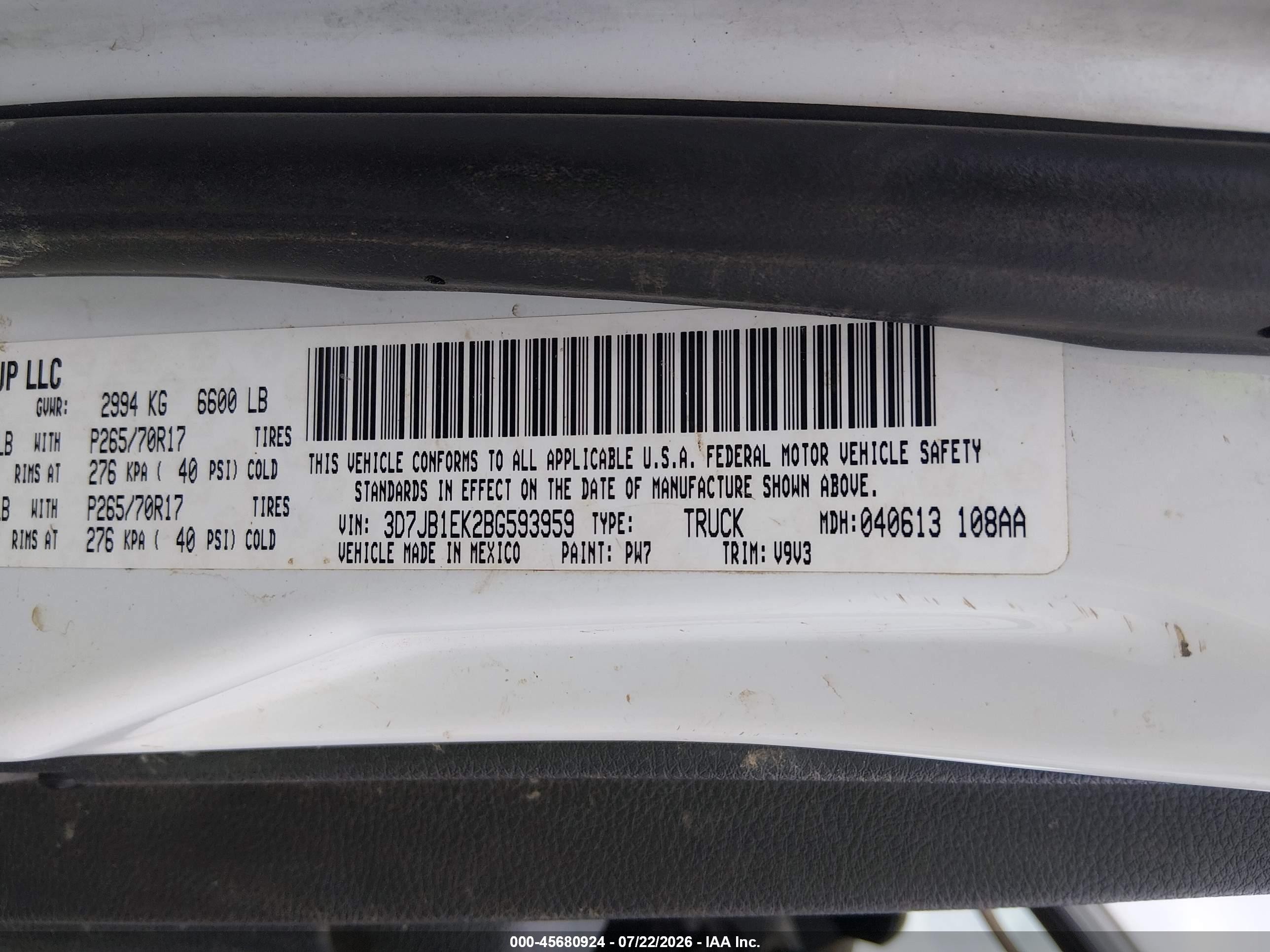 2011 Ram Ram 1500 St White vin: 3D7JB1EK2BG593959