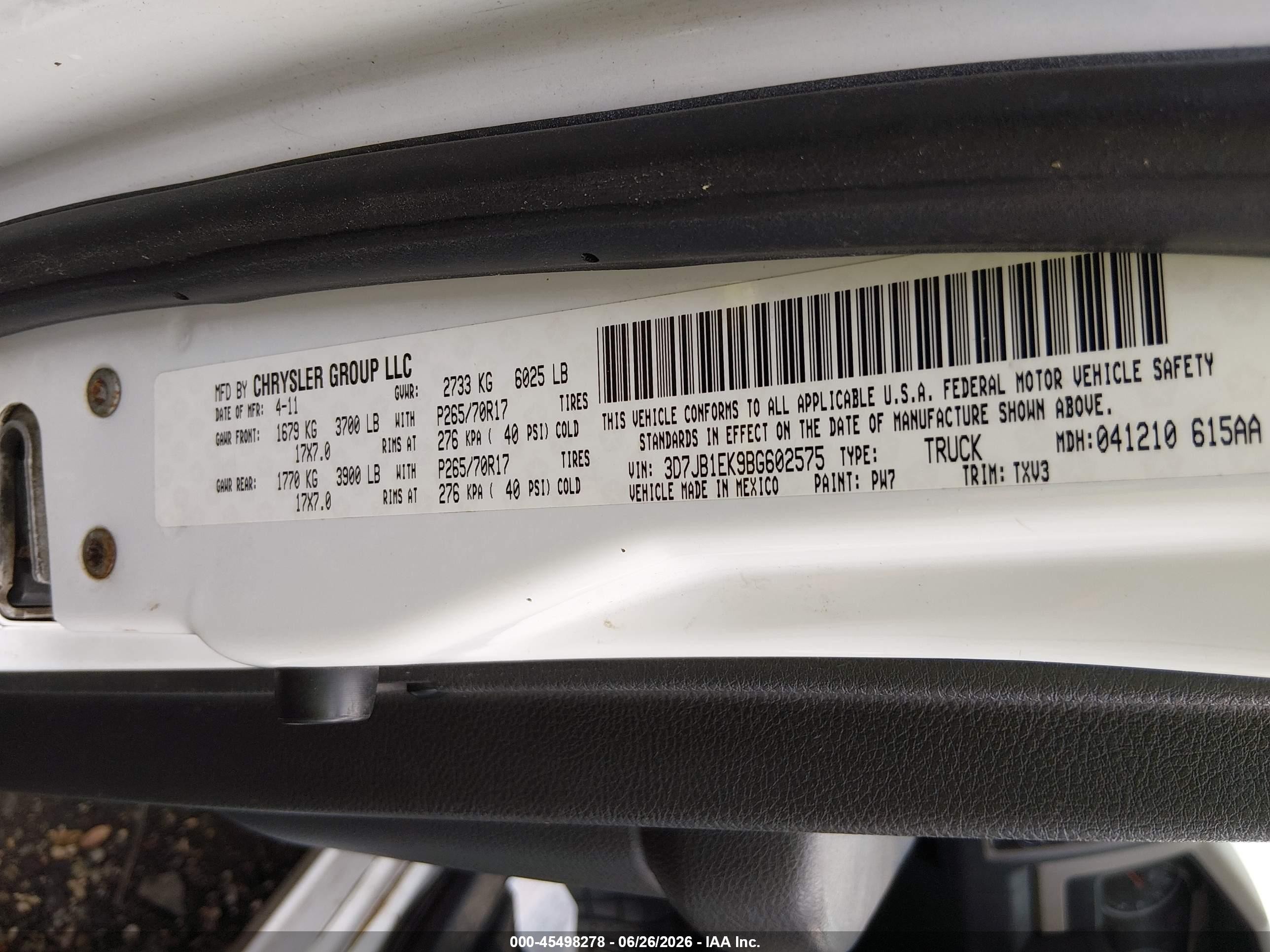 2011 Ram Ram 1500 St Белый vin: 3D7JB1EK9BG602575