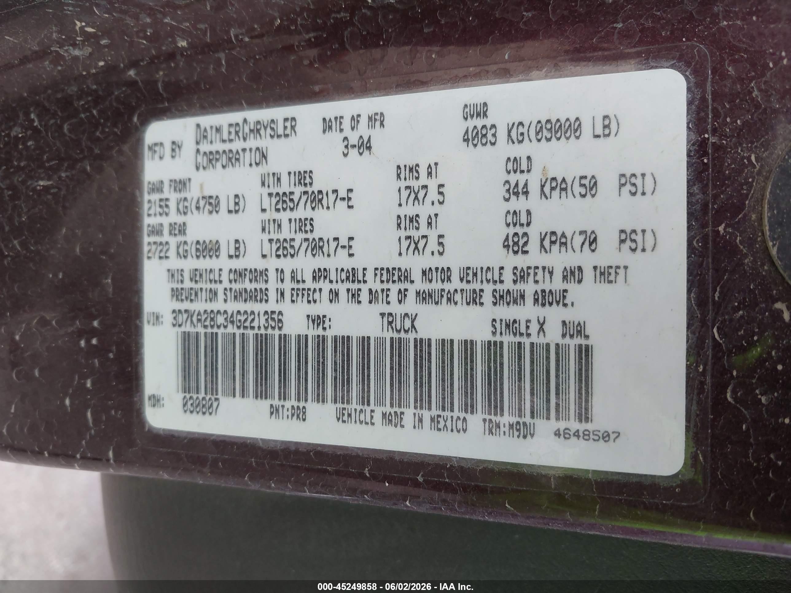 2004 Dodge Ram 2500 Slt/laramie Purple vin: 3D7KA28C34G221356