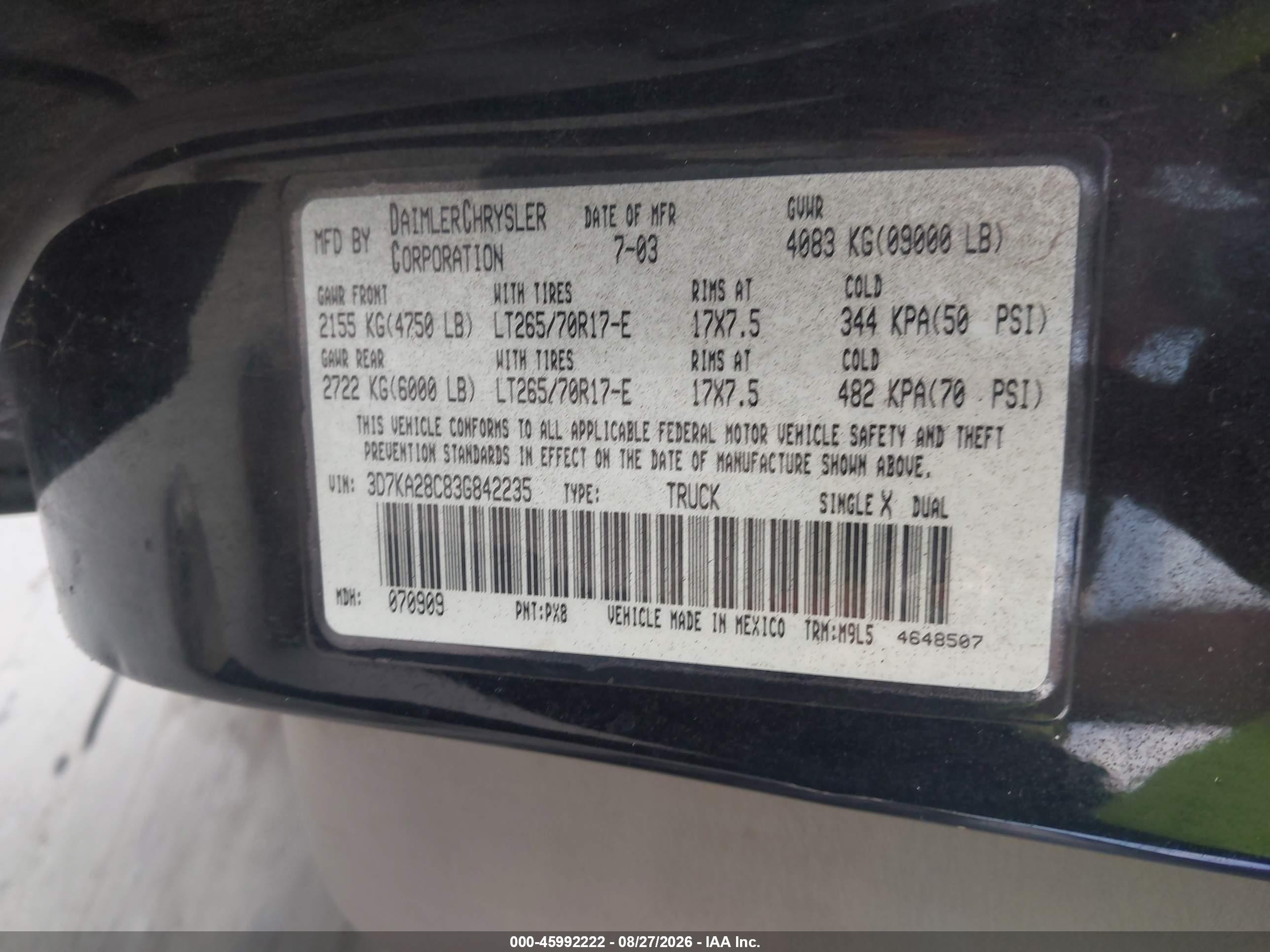 2003 Dodge Ram 2500 Slt/laramie/st Black vin: 3D7KA28C83G842235