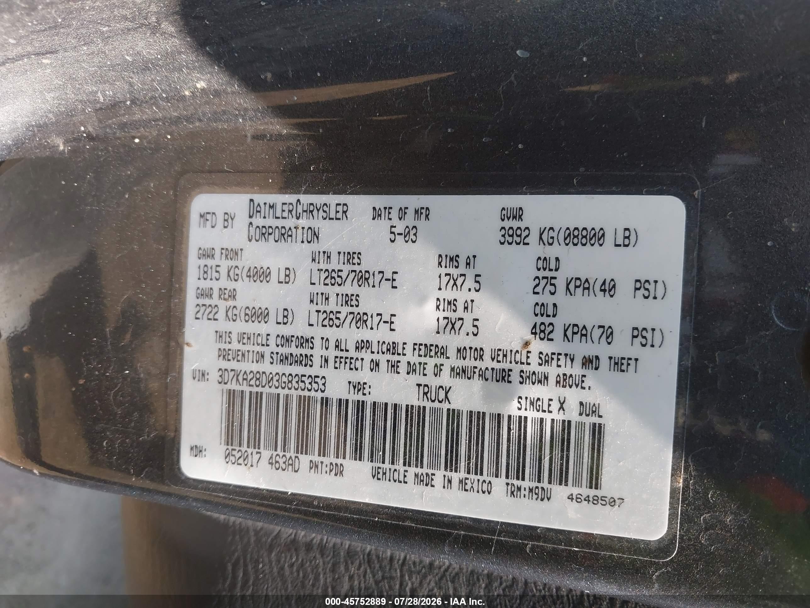 2003 Dodge Ram 2500 Slt/laramie/st Gray vin: 3D7KA28D03G835353