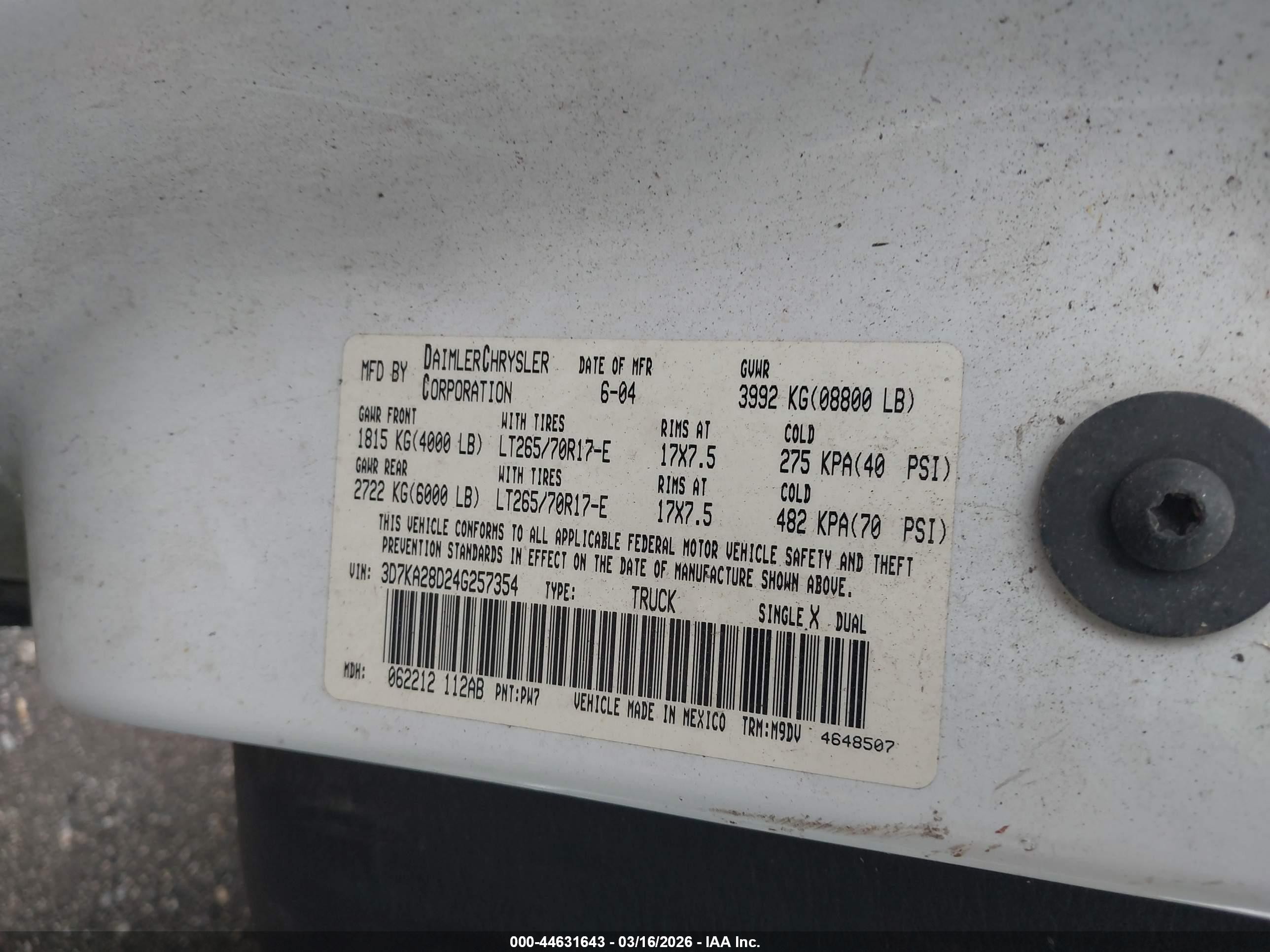 2004 Dodge Ram 2500 Slt/laramie Белый vin: 3D7KA28D24G257354