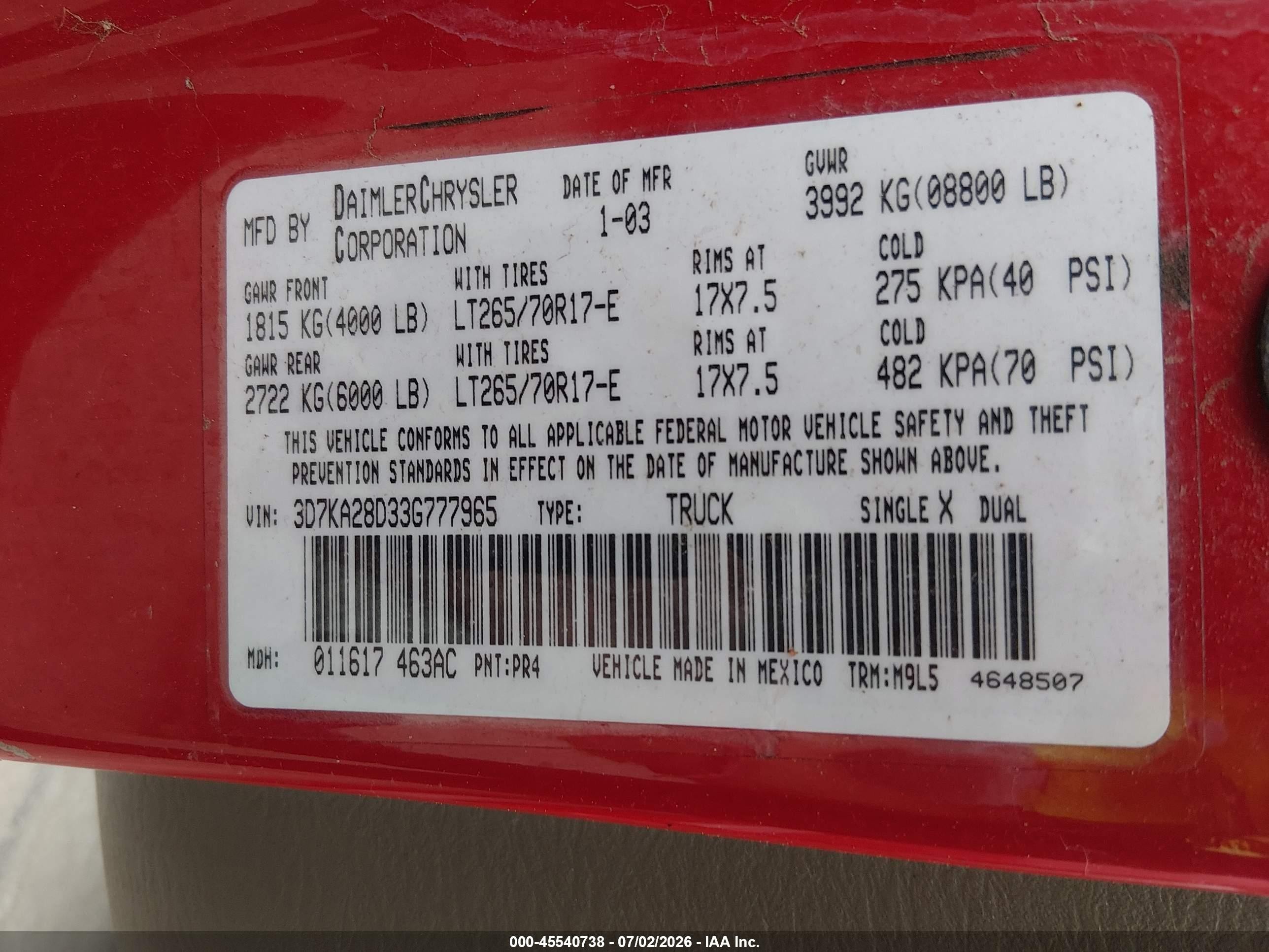 2003 Dodge Ram 2500 Slt/laramie/st Red vin: 3D7KA28D33G777965