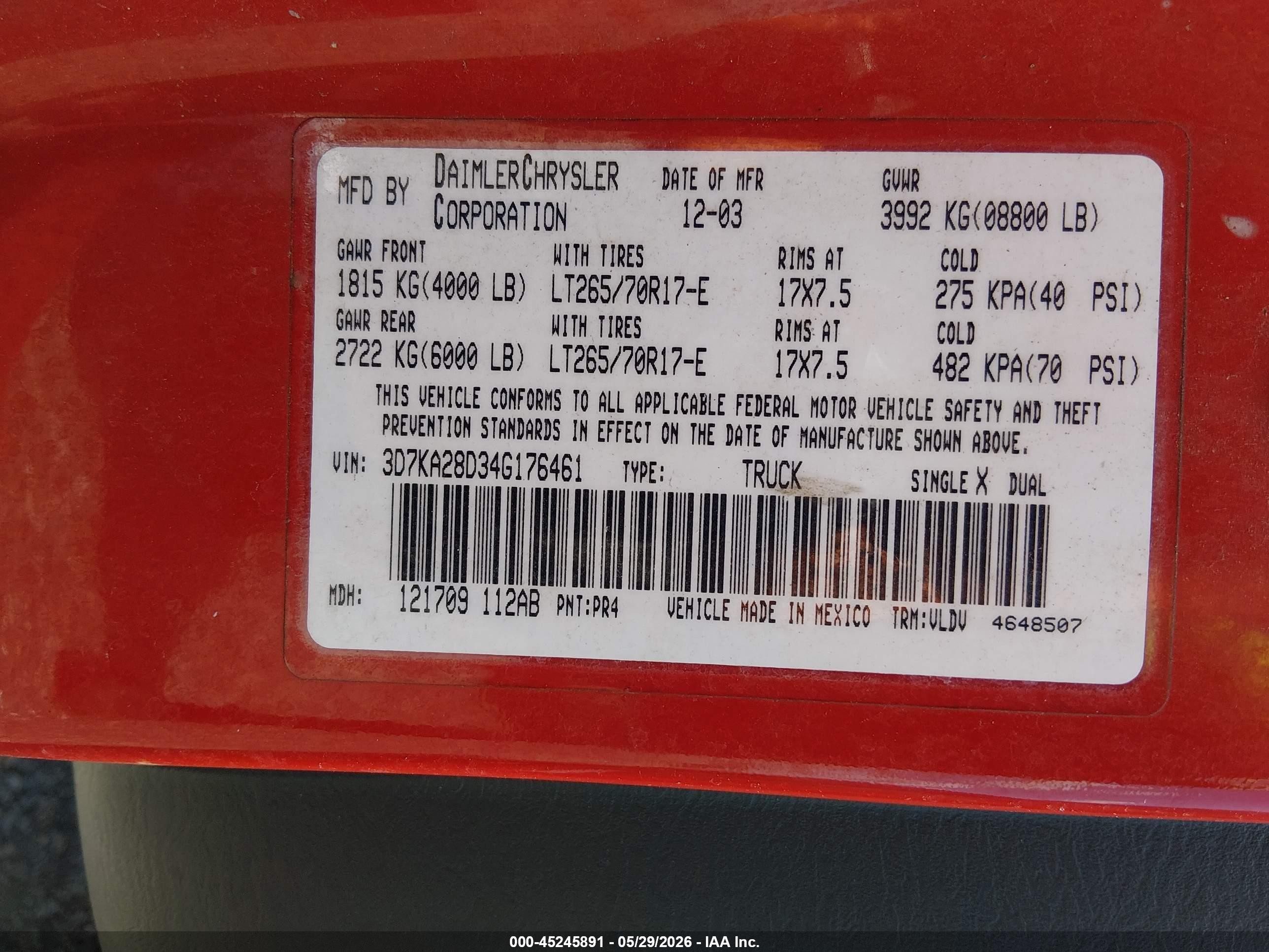 2004 Dodge Ram 2500 Slt/laramie Red vin: 3D7KA28D34G176461