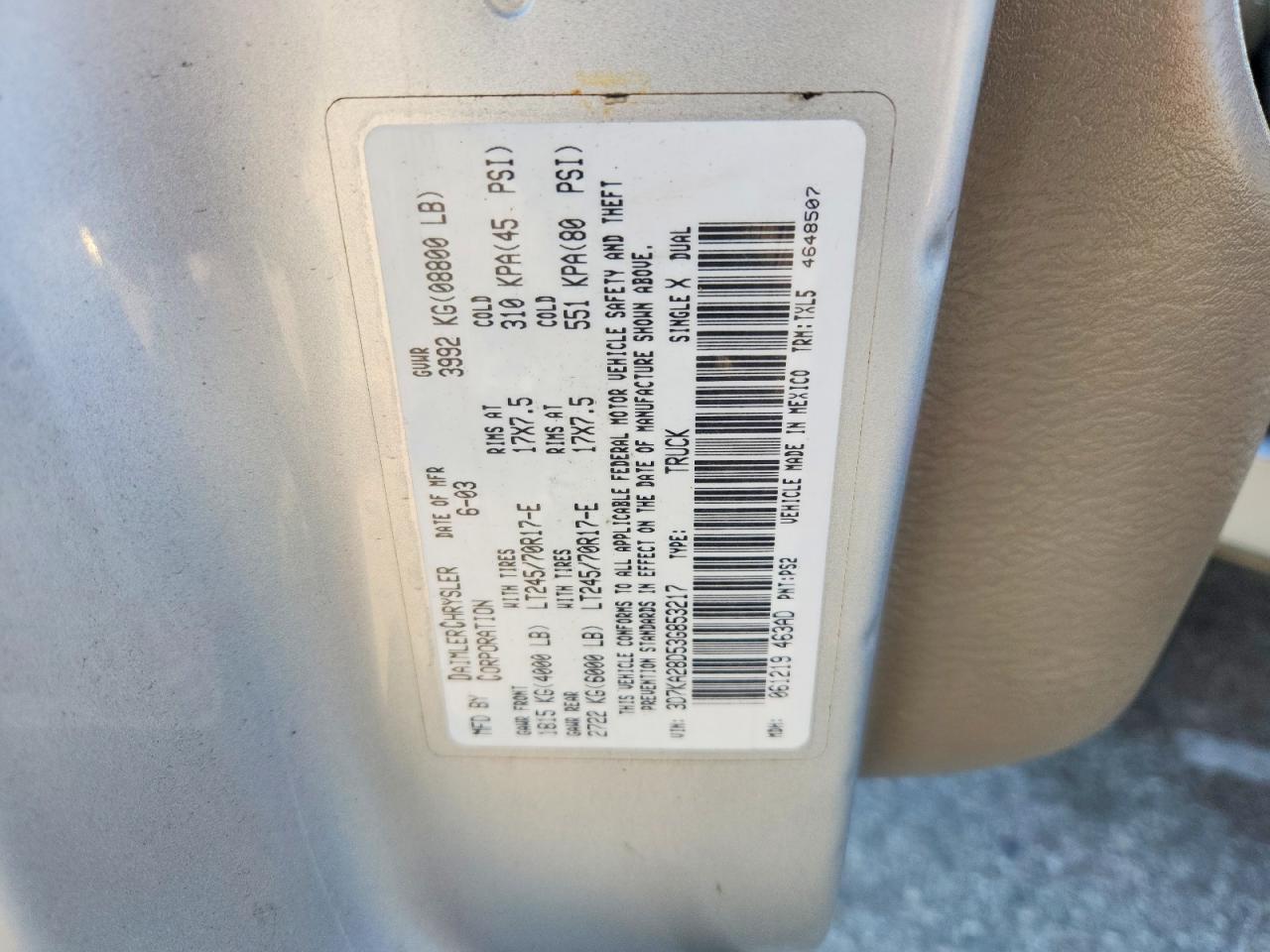 2003 Dodge Ram 2500 St Silver vin: 3D7KA28D53G853217