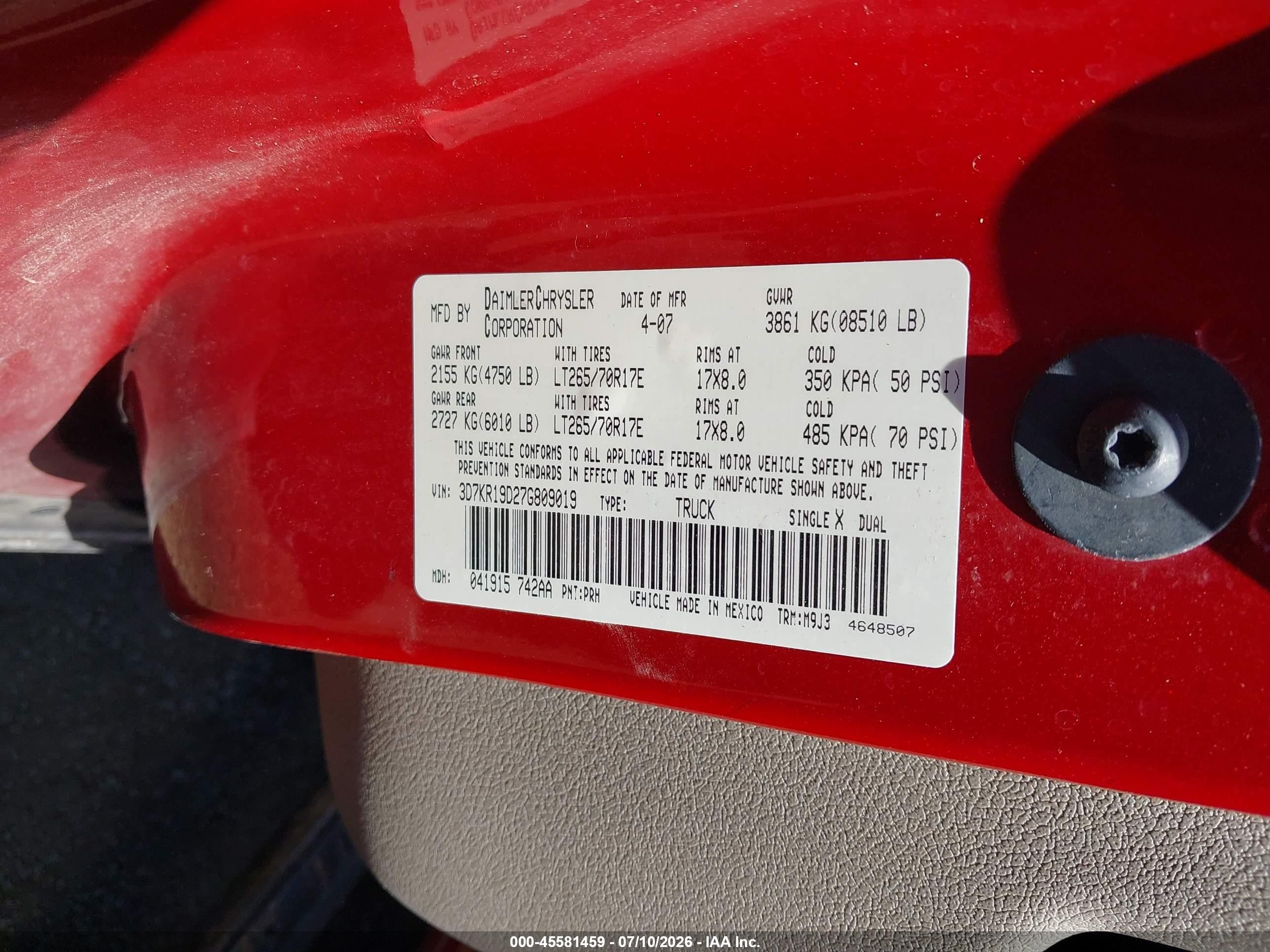 2007 Dodge Ram 1500 Slt Красный vin: 3D7KR19D27G809019