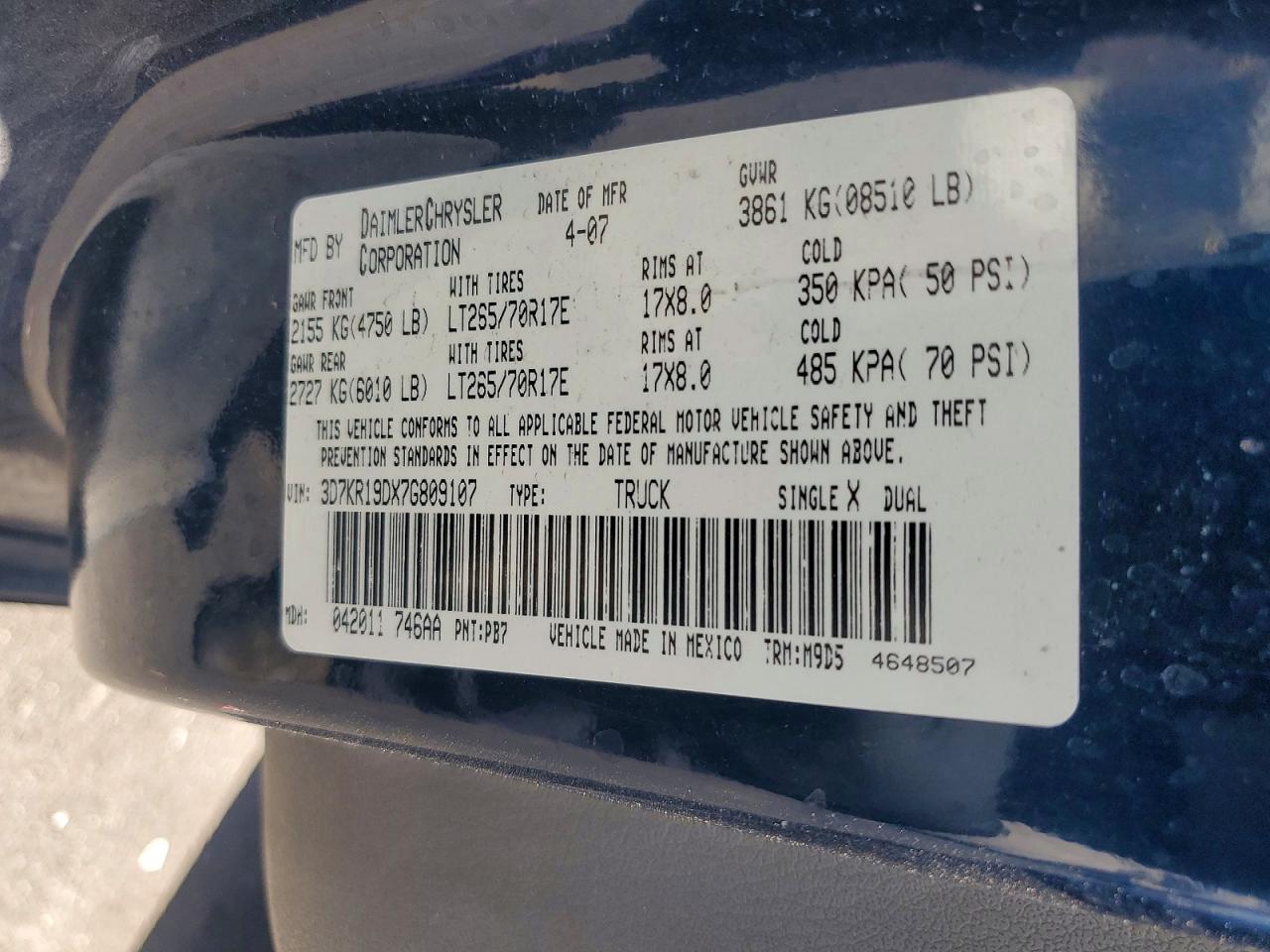 2007 Dodge Ram 1500 Blue vin: 3D7KR19DX7G809107