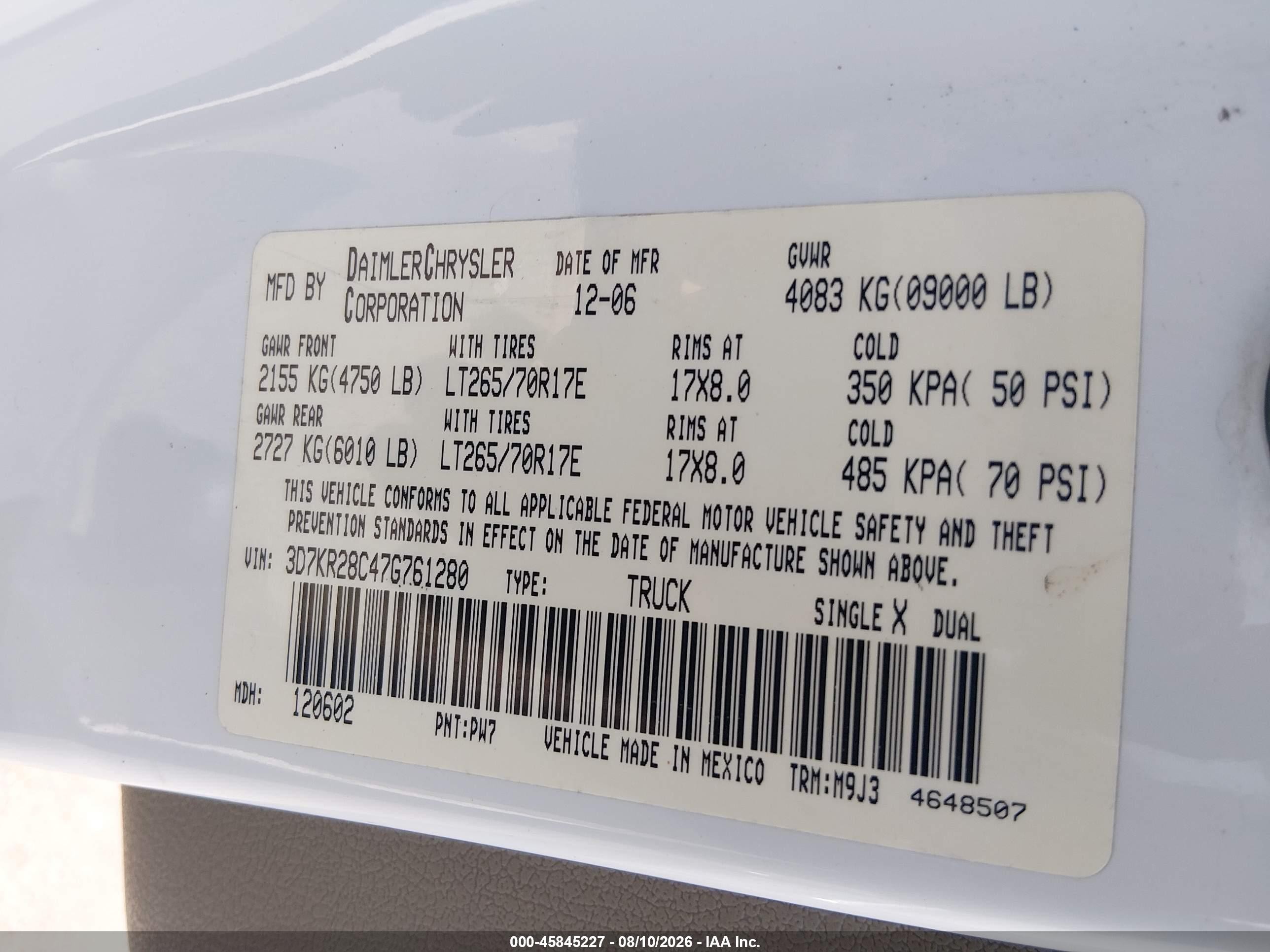 2007 Dodge Ram 2500 Slt/sport Белый vin: 3D7KR28C47G761280